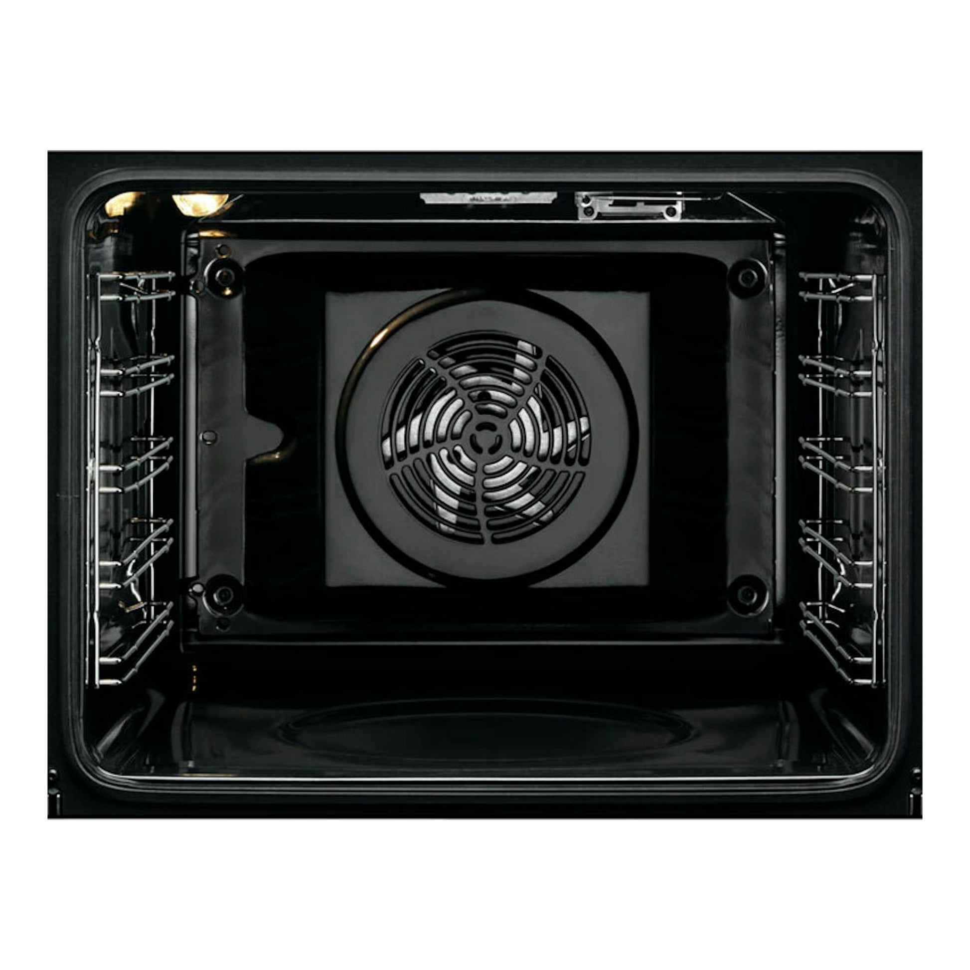 Horno Electrolux EOF6P54TX inox, vista frontal del interior negro con ventilador central y guías laterales.