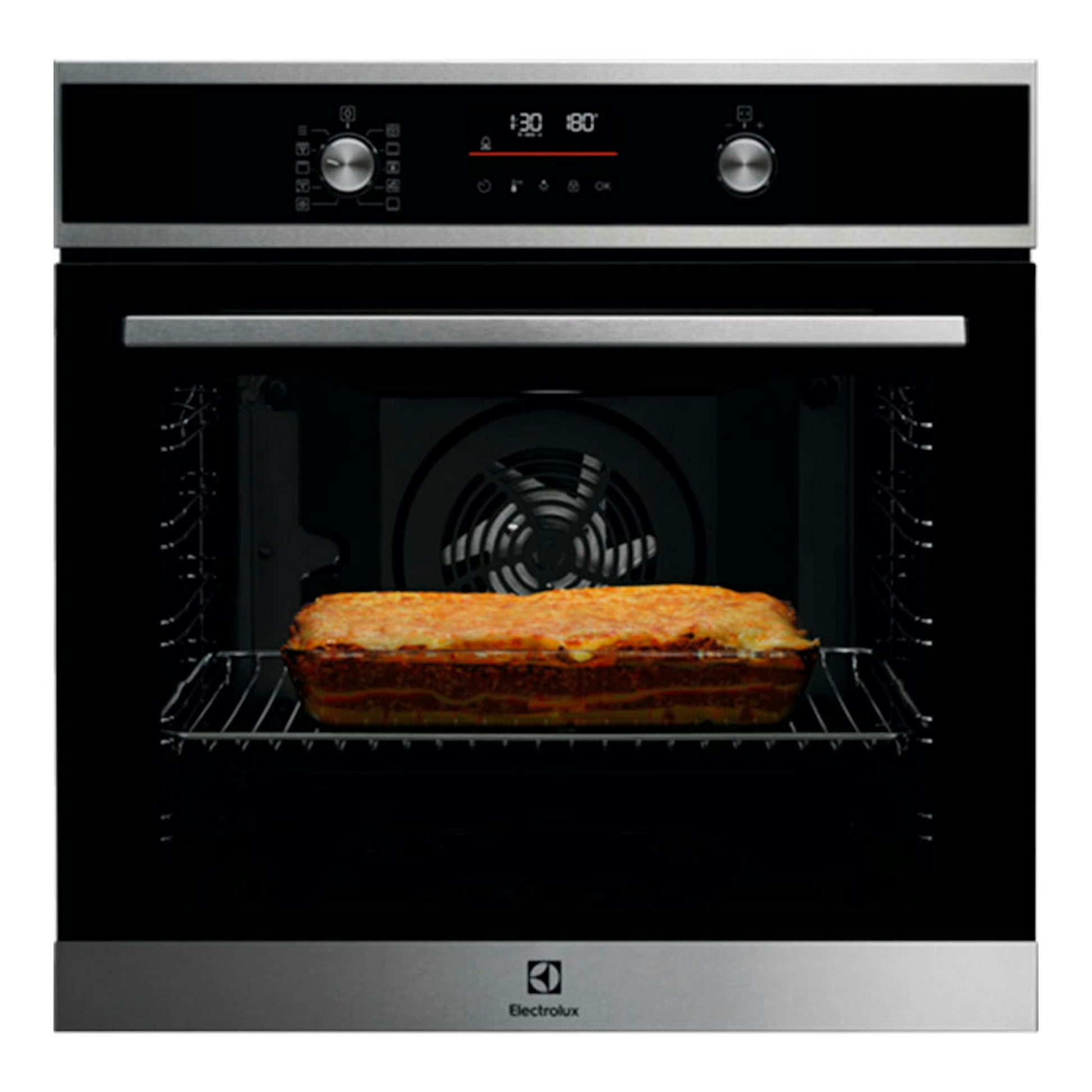 Horno Electrolux EOF6P77X inox, vista frontal, puerta negra y panel inox, con una fuente de comida en el interior.