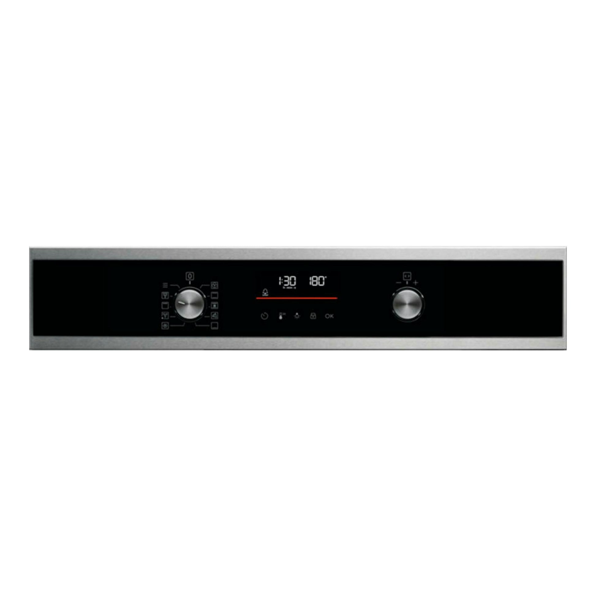 Electrolux EOF6P77X, panel frontal de horno en negro con marco inox, dos mandos y display digital.