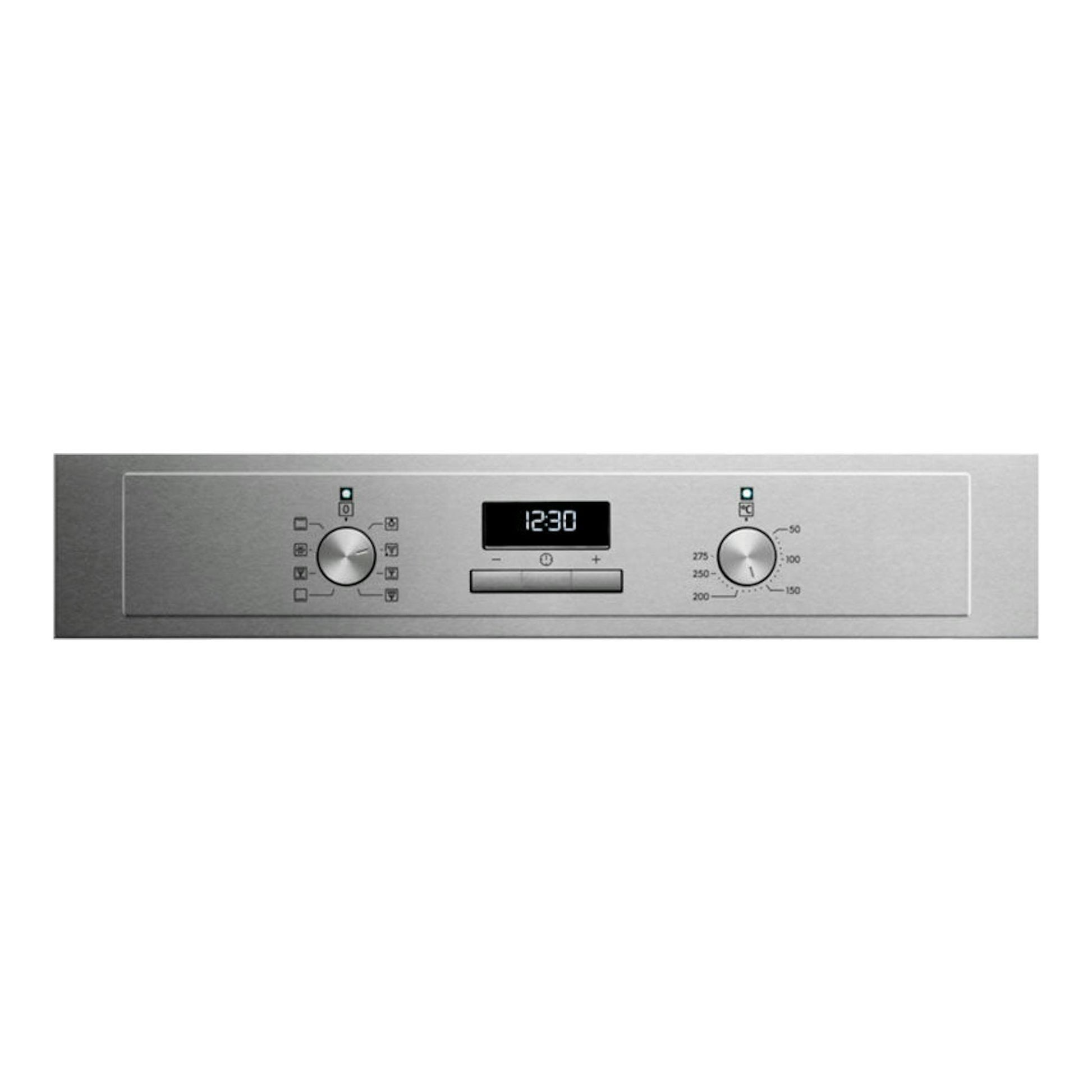 Horno Electrolux EOH3H54X inox, panel frontal en acero con dos mandos y display digital 12:30.