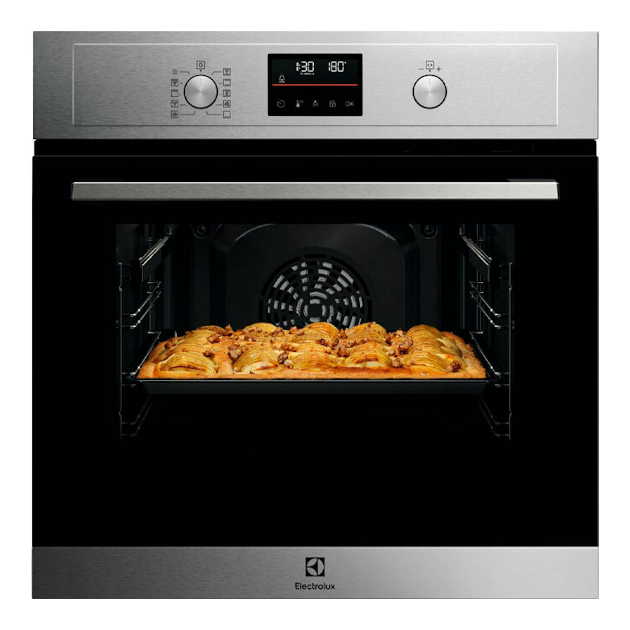 Horno Electrolux EOH4P56BX Inox, vista frontal, puerta abierta, panel digital y bandeja con comida.