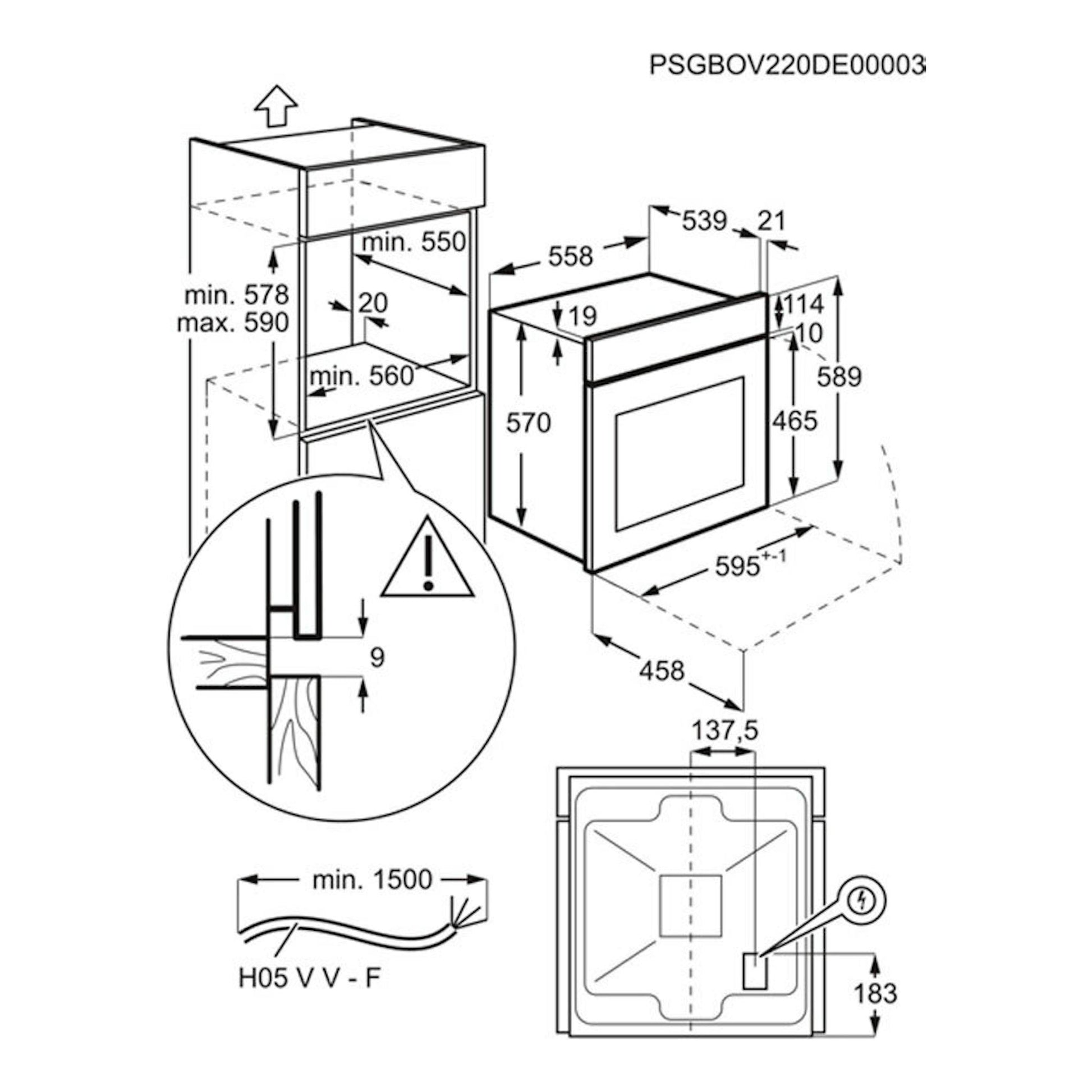 Esquema técnico de instalación de horno Electrolux EOH4P56BX inox, vista isométrica con medidas.