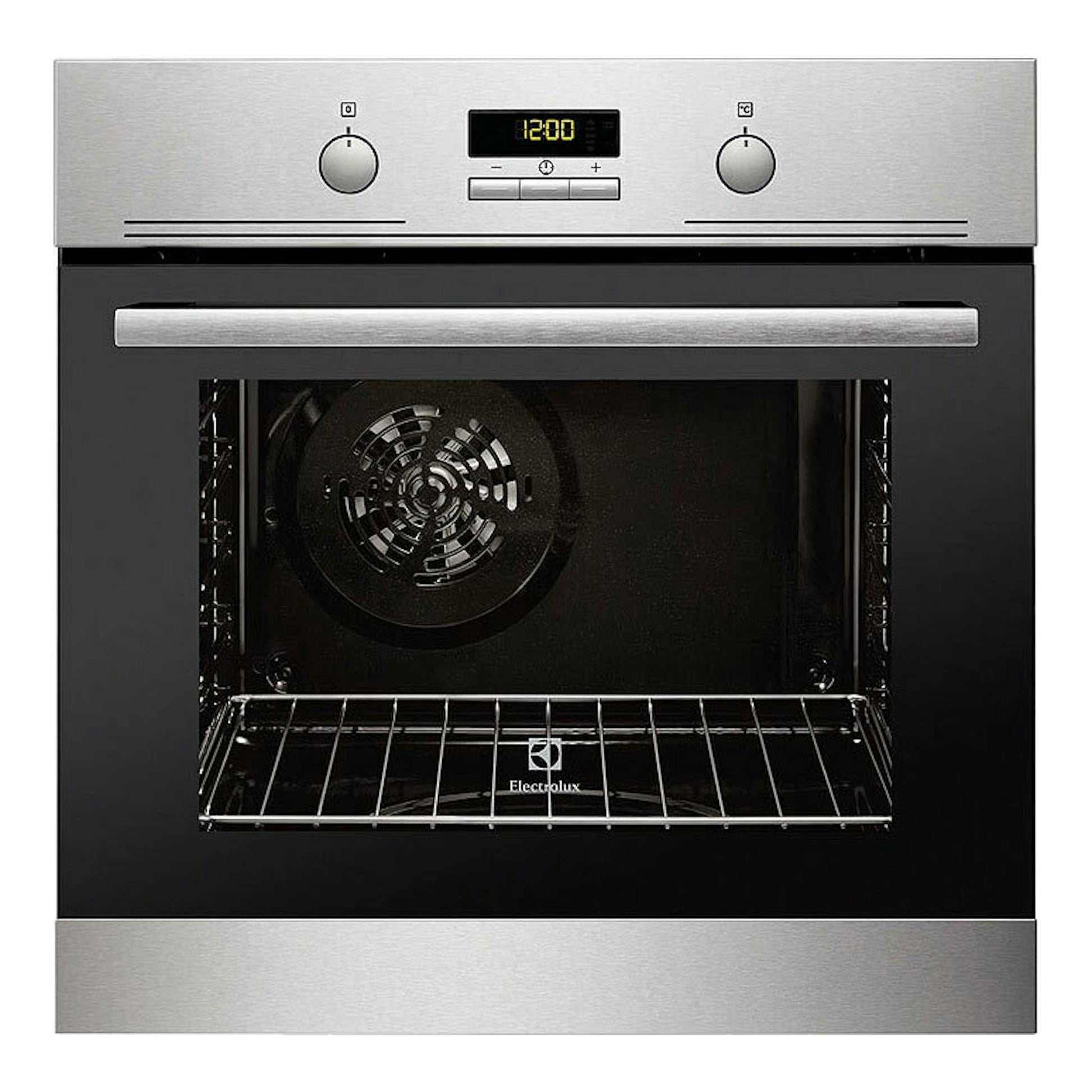Horno Electrolux EOH4P56BX inox, vista frontal, con panel digital y puerta abierta mostrando el interior.