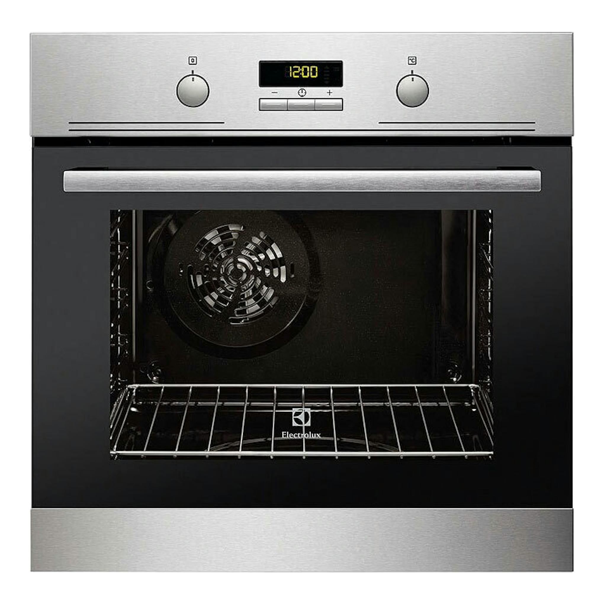 Horno Electrolux EOH4P56BX inox, vista frontal, con panel digital y puerta abierta mostrando el interior.