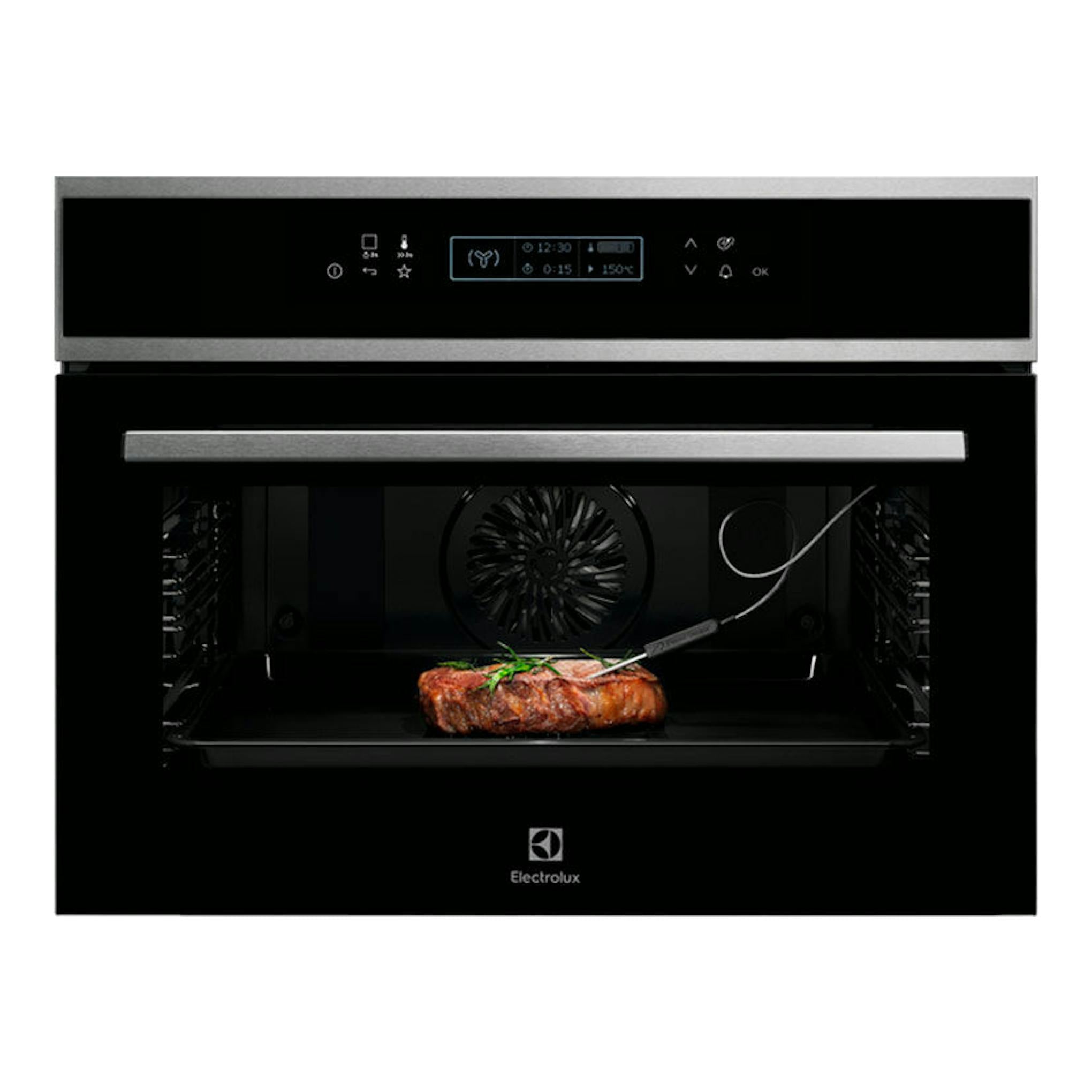 Horno Electrolux EVE8P21X de acero inoxidable y vidrio negro, vista frontal, con puerta abierta.