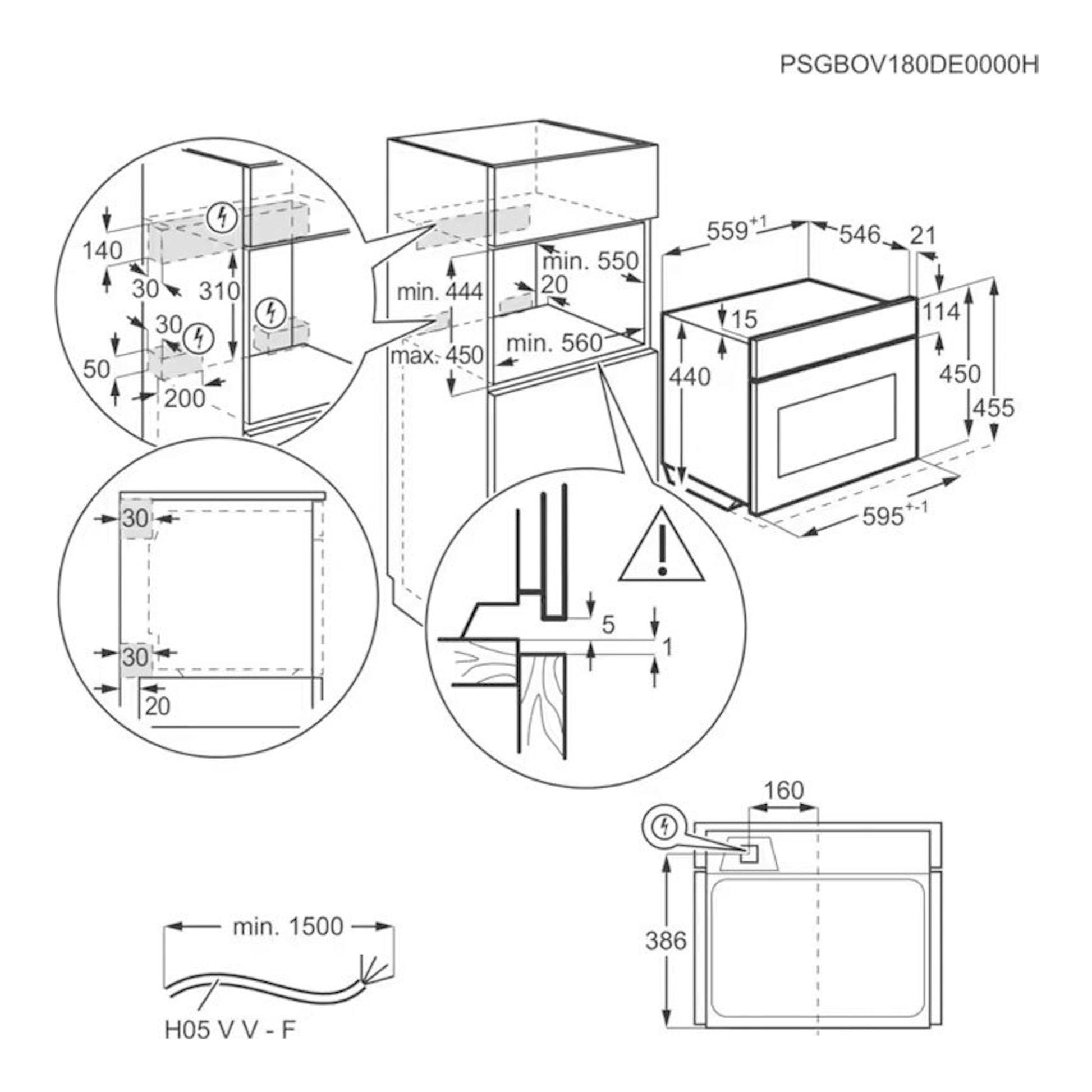 Diagrama técnico de instalación del horno Electrolux EVF6E46Z negro, con medidas y vistas frontal/lateral.