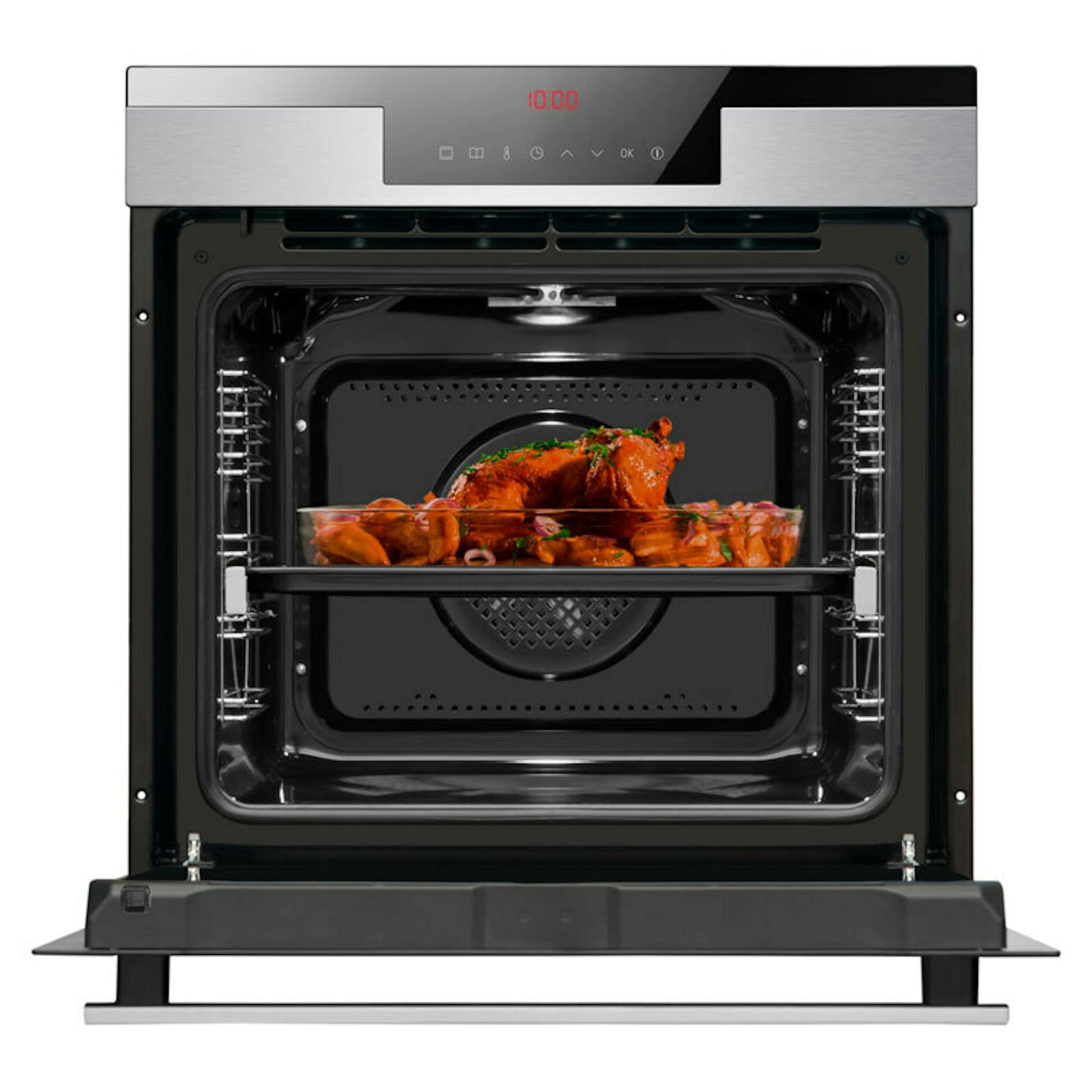 Horno Fagor 8H-760TCX inox con la puerta abierta y el interior visible