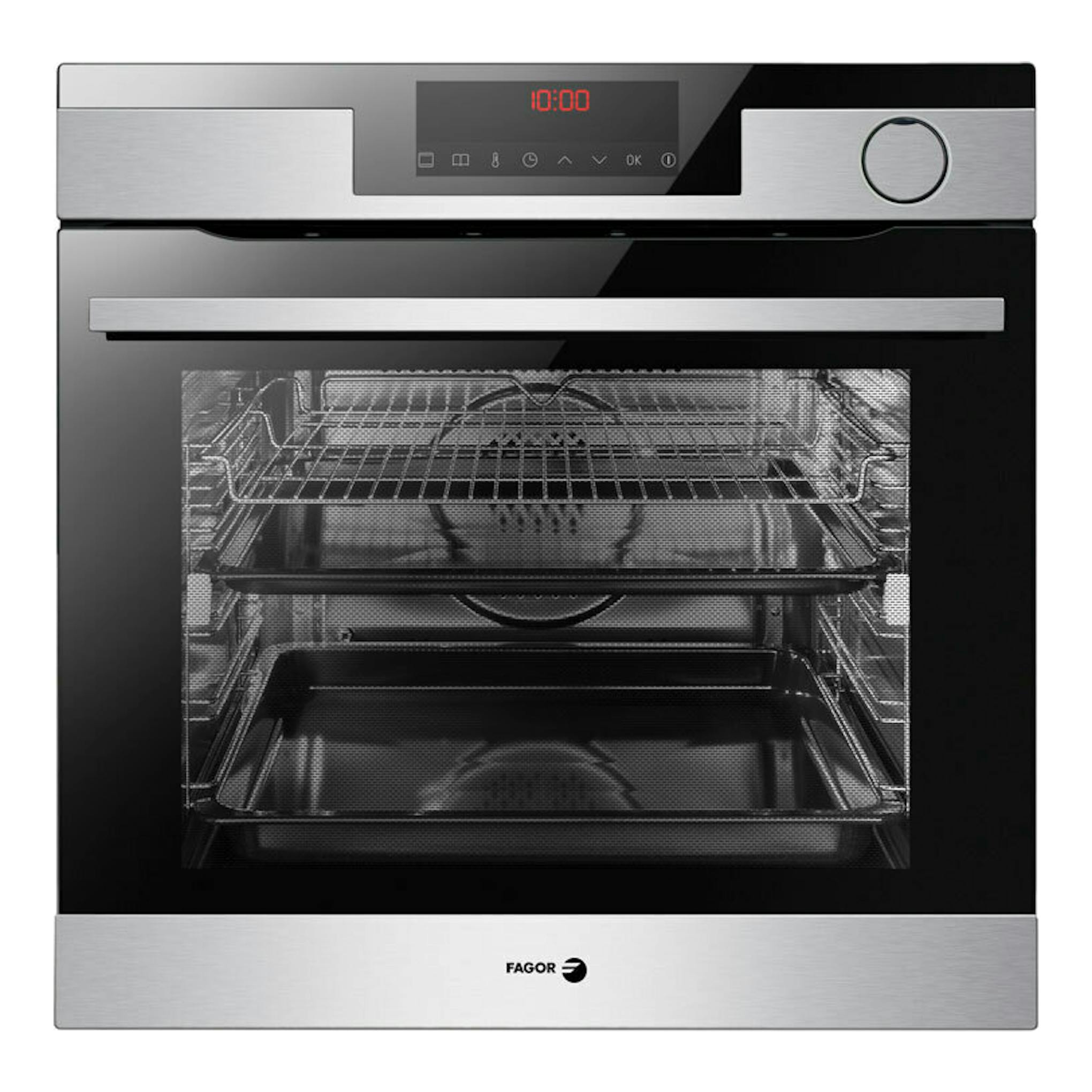 Horno Fagor 8H-875TCX inox, vista frontal, puerta negra de vidrio y panel superior con display.
