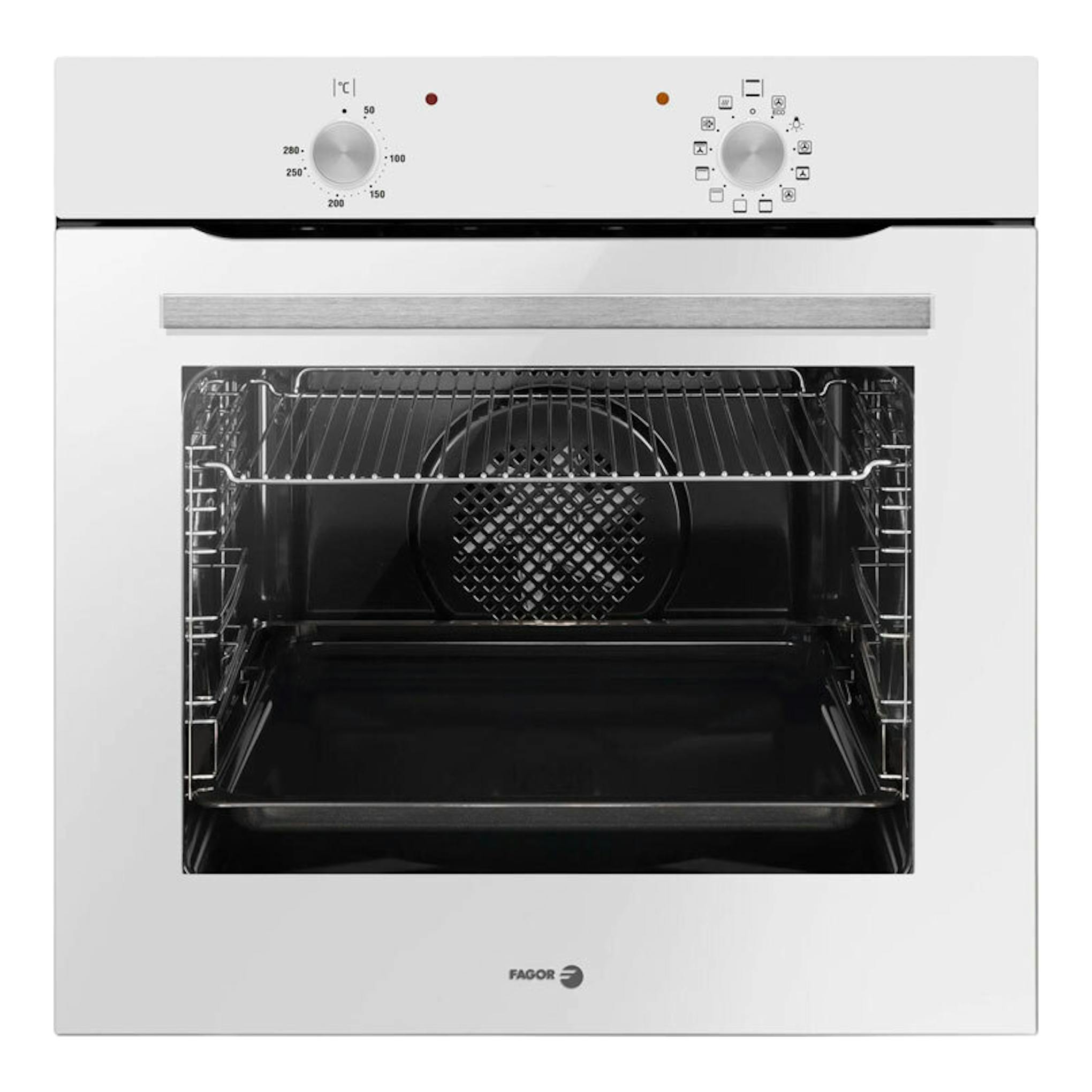 Horno Fagor 9H-110BB blanco, vista frontal, con dos mandos y puerta de cristal mostrando el interior.