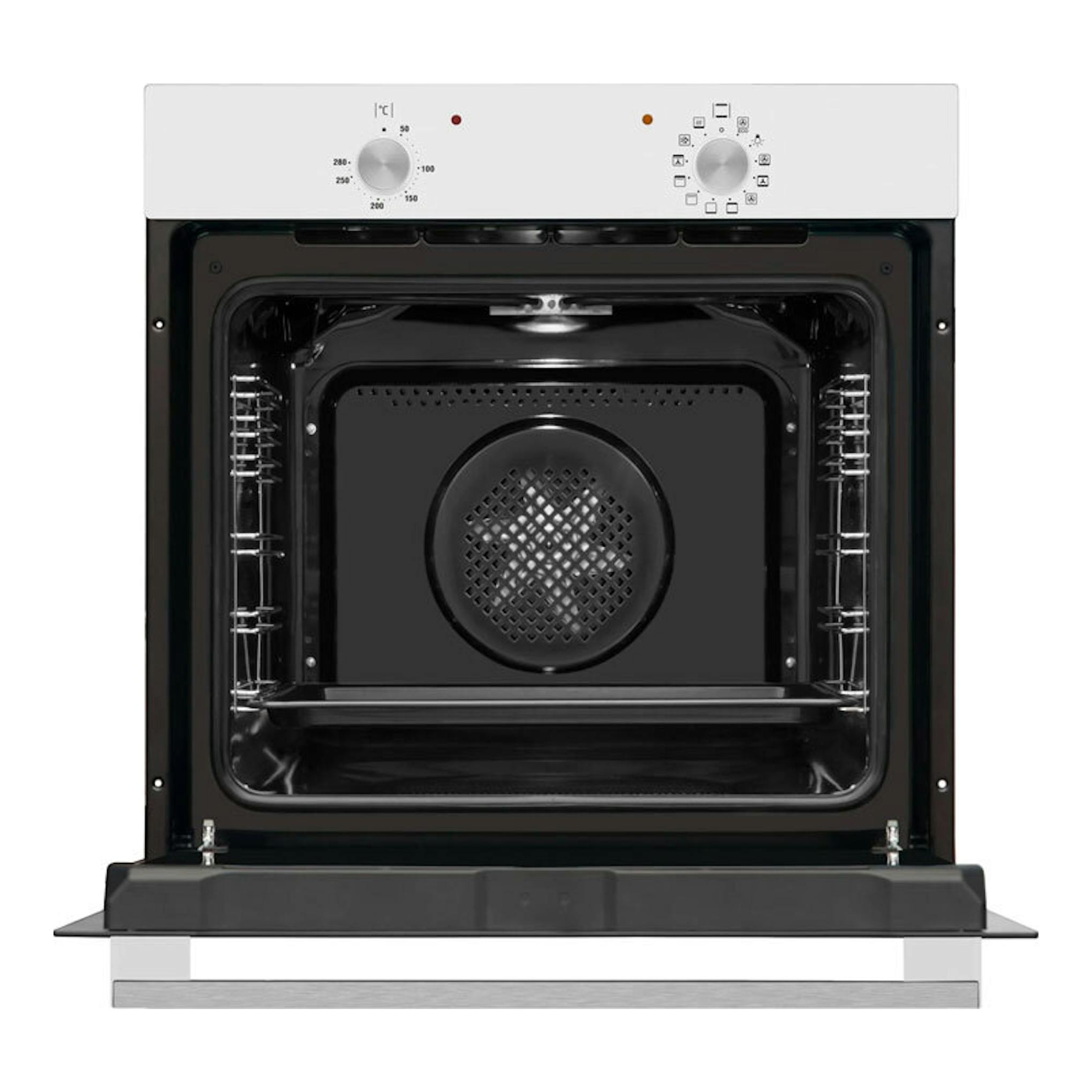 Horno Fagor 9H-110BB blanco, vista frontal con puerta abatible abierta e interior negro.