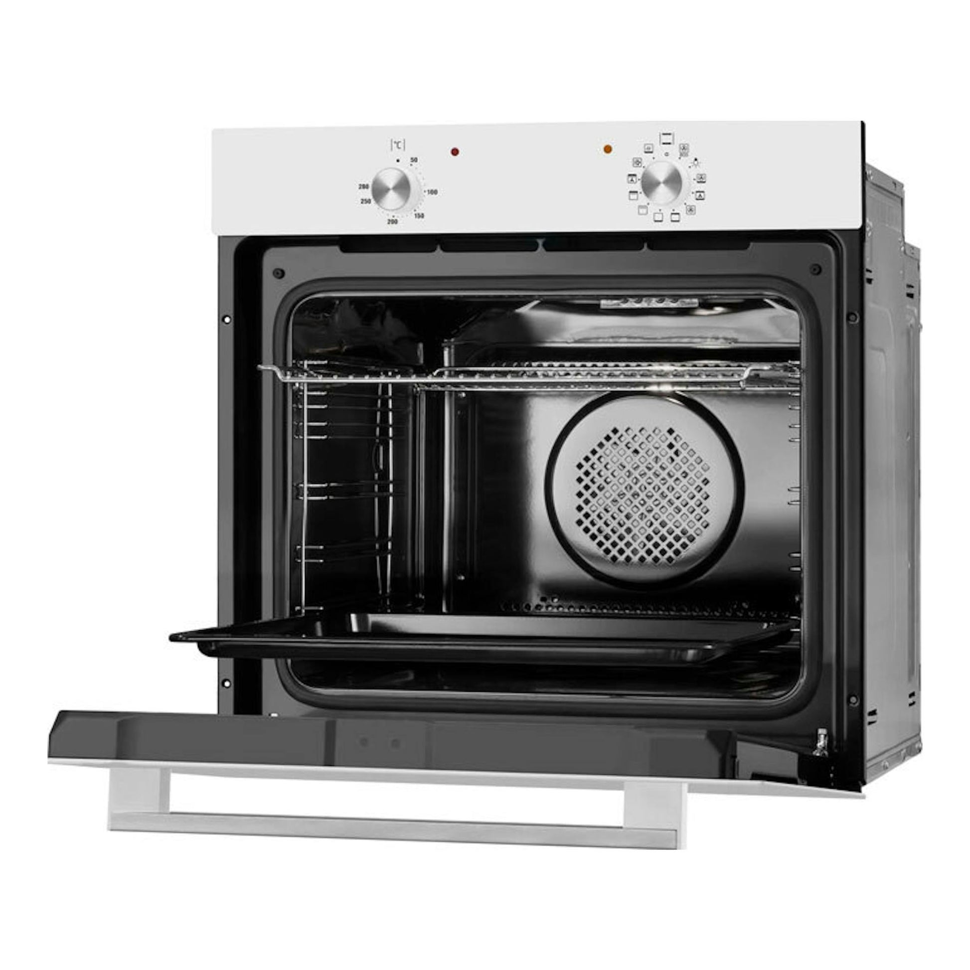 Horno Fagor 9H-110BB blanco, visto de frente con la puerta abatida y el interior negro visible.