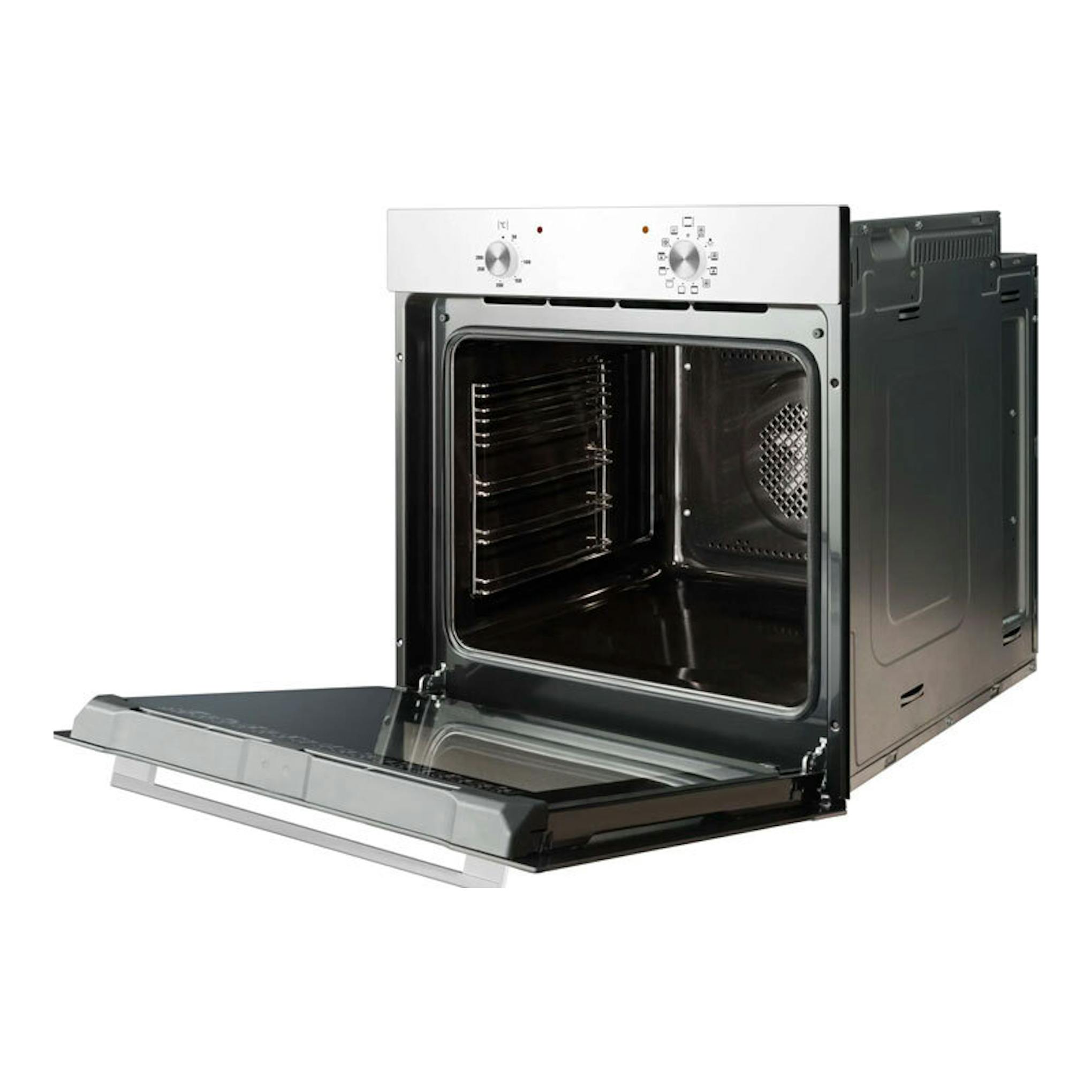 Horno Fagor 9H-110BB blanco, vista frontal con puerta abatible abierta y panel superior blanco.