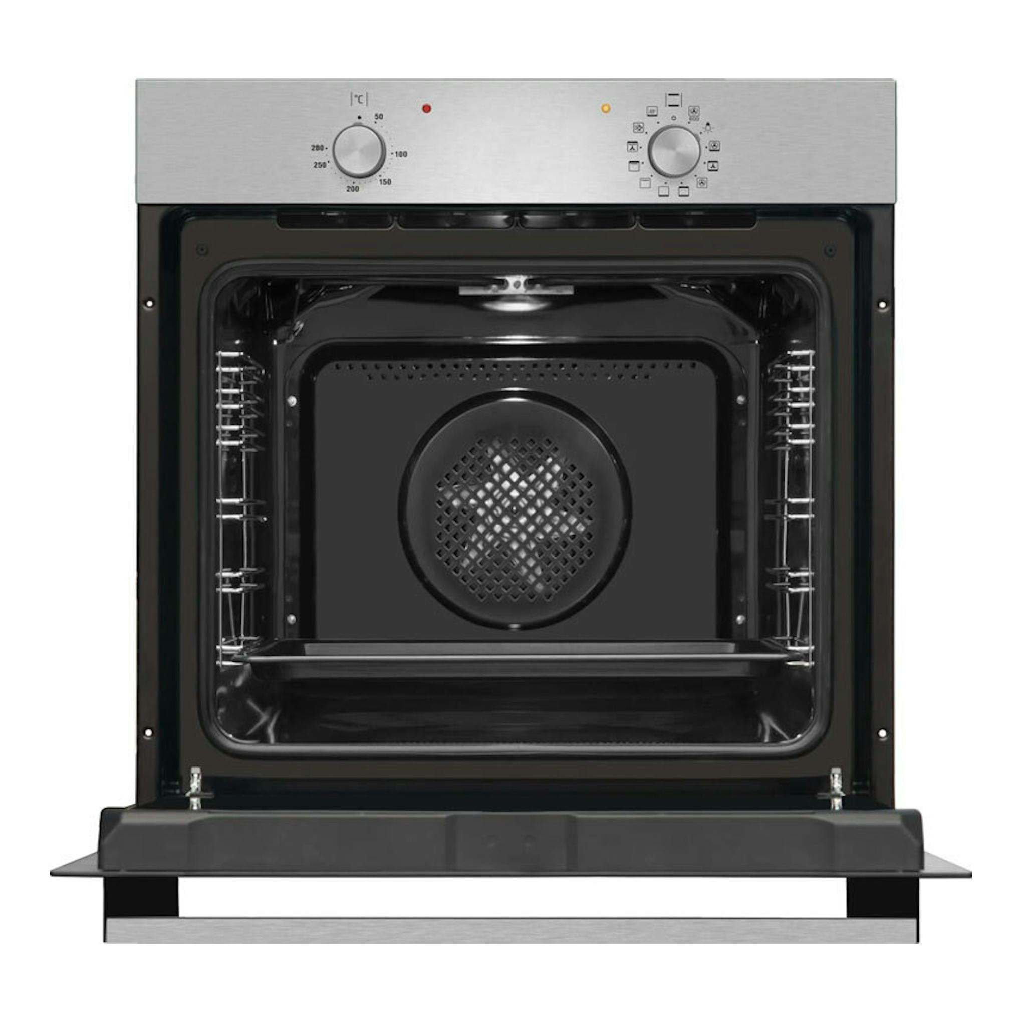 Horno Fagor 9H-110BX inox, vista frontal con puerta abierta, interior negro y panel superior con dos mandos.