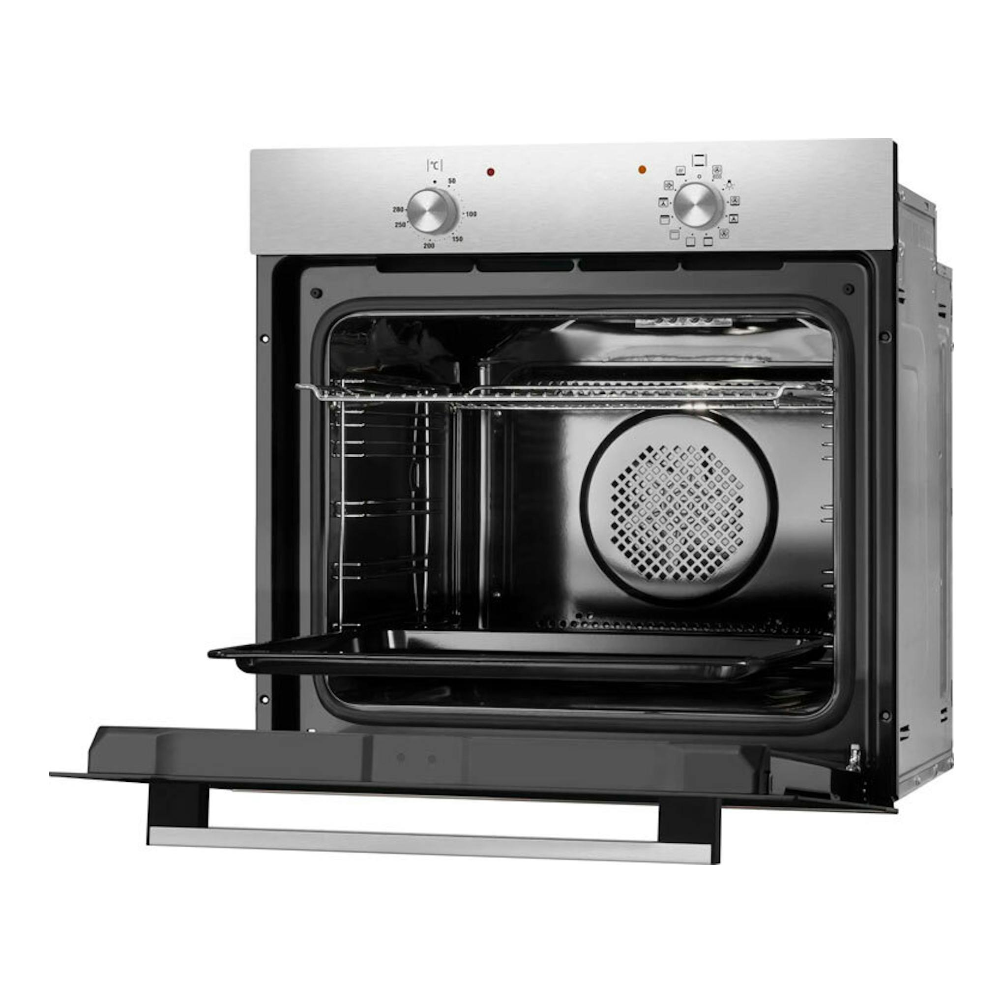 Horno Fagor 9H-110BX inox, vista frontal con la puerta abierta, interior negro y panel superior plateado.