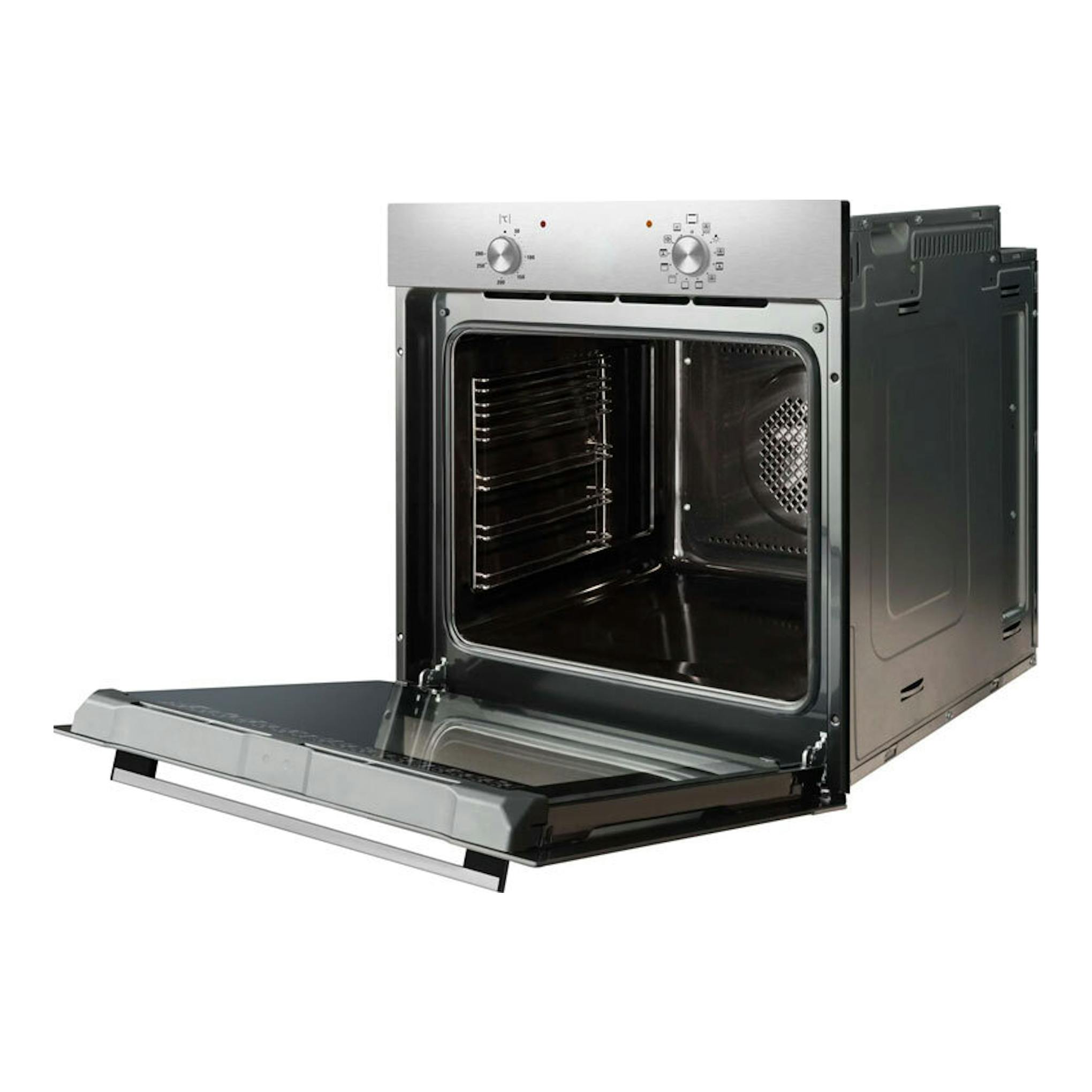 Horno Fagor 9H-110BX inox, vista frontal en ángulo, con puerta abatible abierta e interior negro.