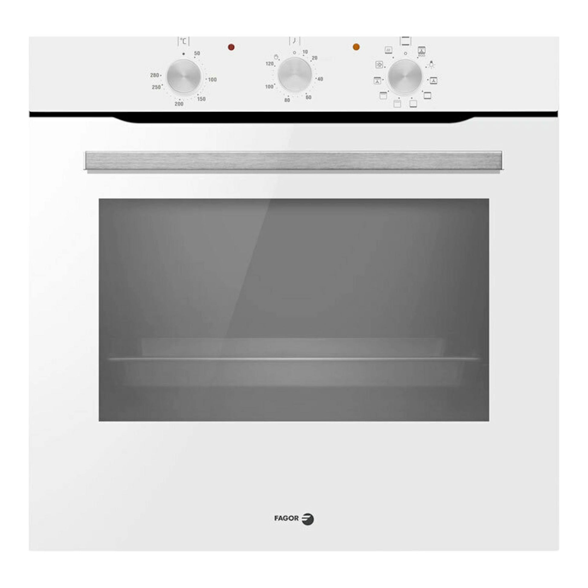Horno Fagor 9H-115BB blanco, vista frontal, con puerta de vidrio negro y tres mandos superiores.