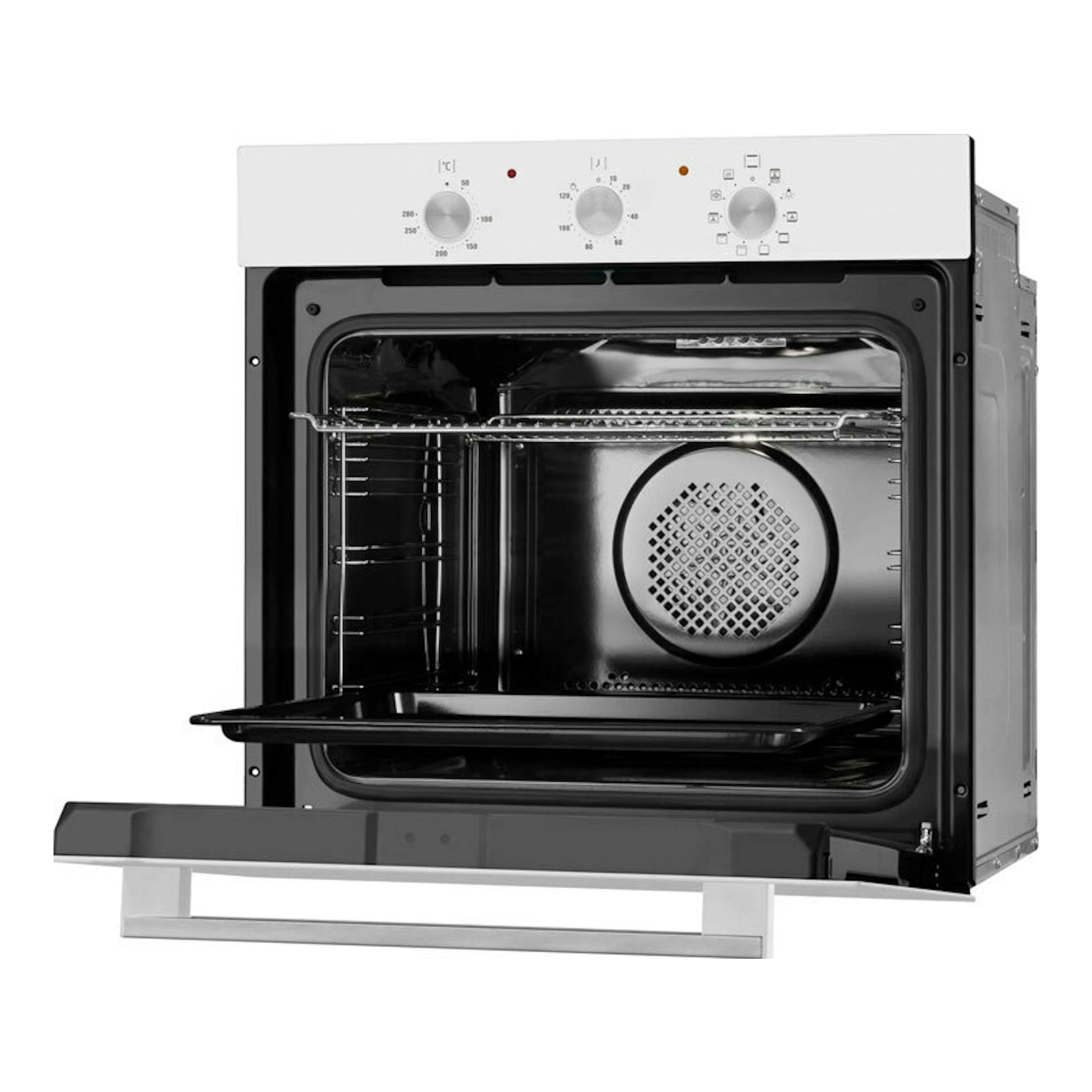Horno Fagor 9H-115BB blanco, vista frontal con la puerta abierta y panel de mandos con tres ruletas.