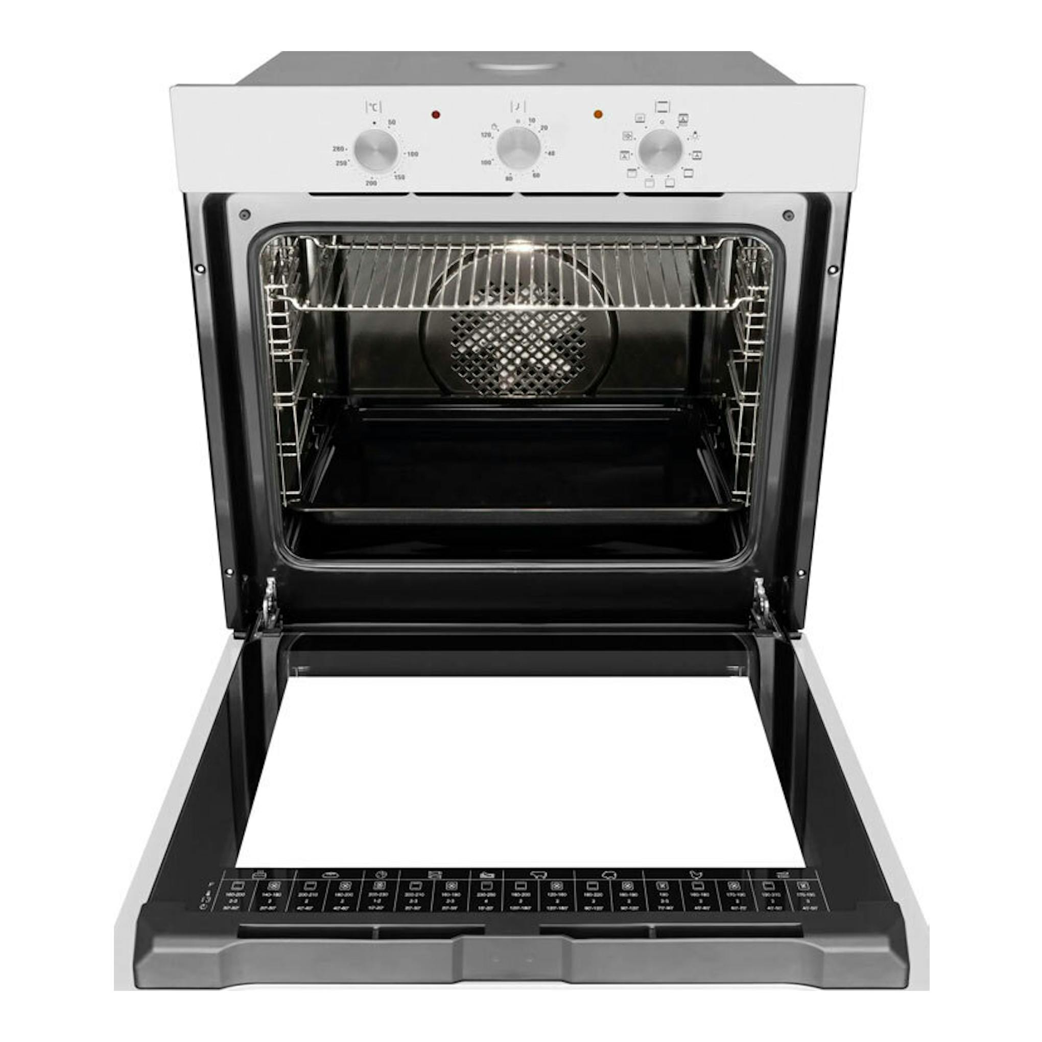 Horno Fagor 9H-115BB de cristal blanco, abierto en vista frontal, con interior negro y mandos superiores.