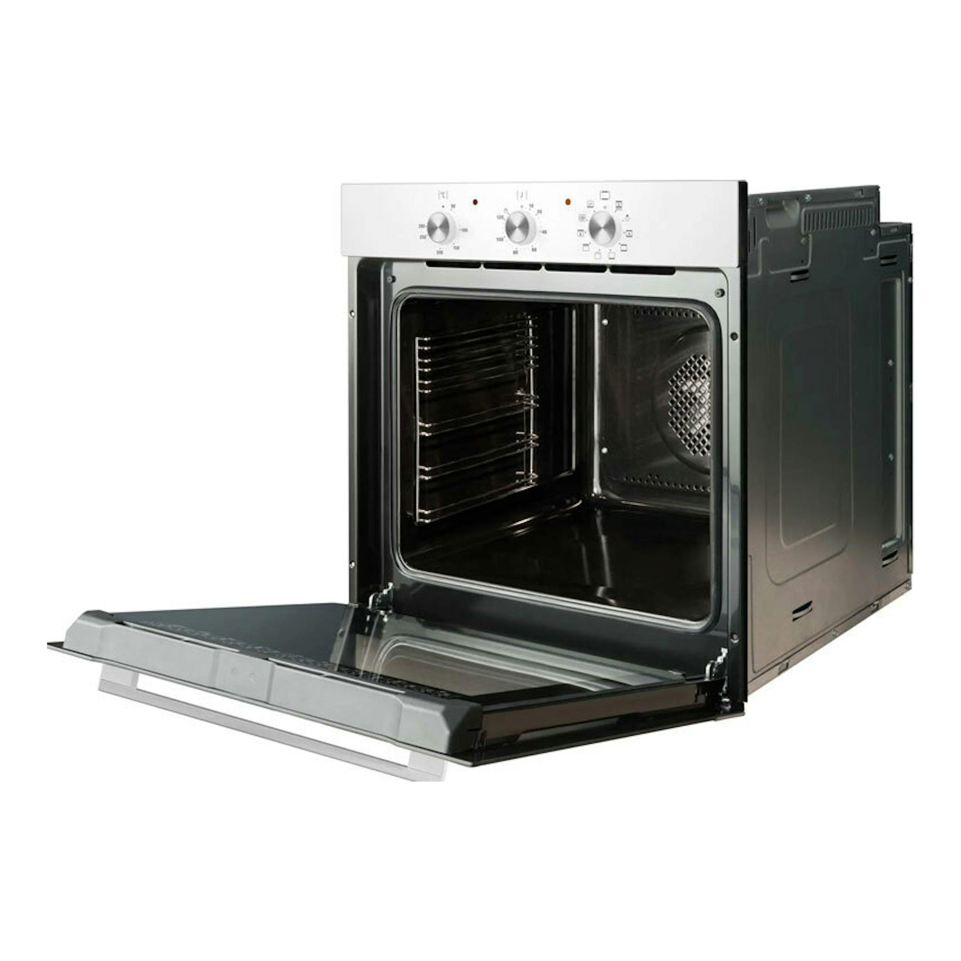 Horno Fagor 9H-115BB blanco, vista frontal con puerta abatible abierta y tres mandos.