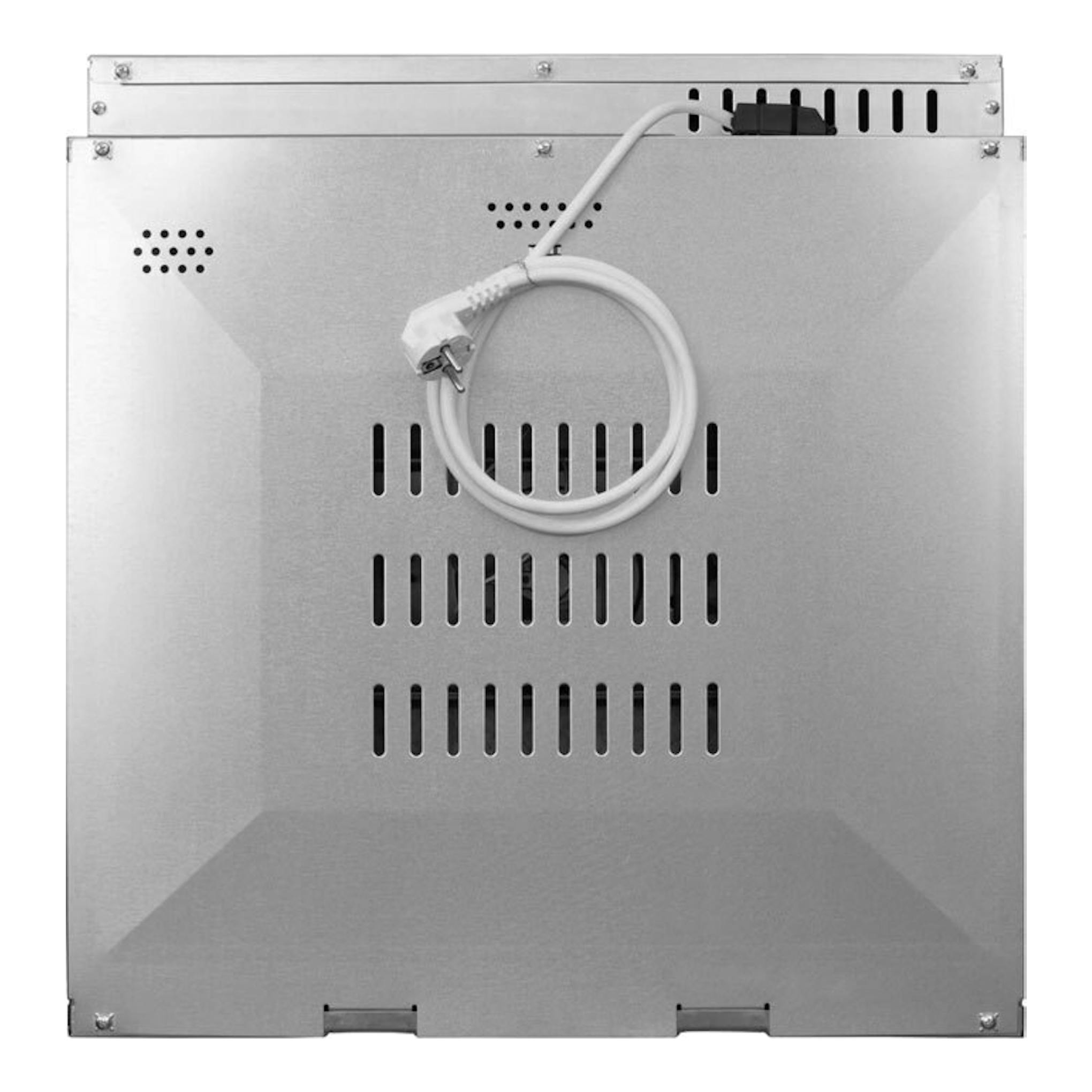 Horno Fagor 9H-115BB, vista trasera en acero inoxidable, con cable blanco enrollado.