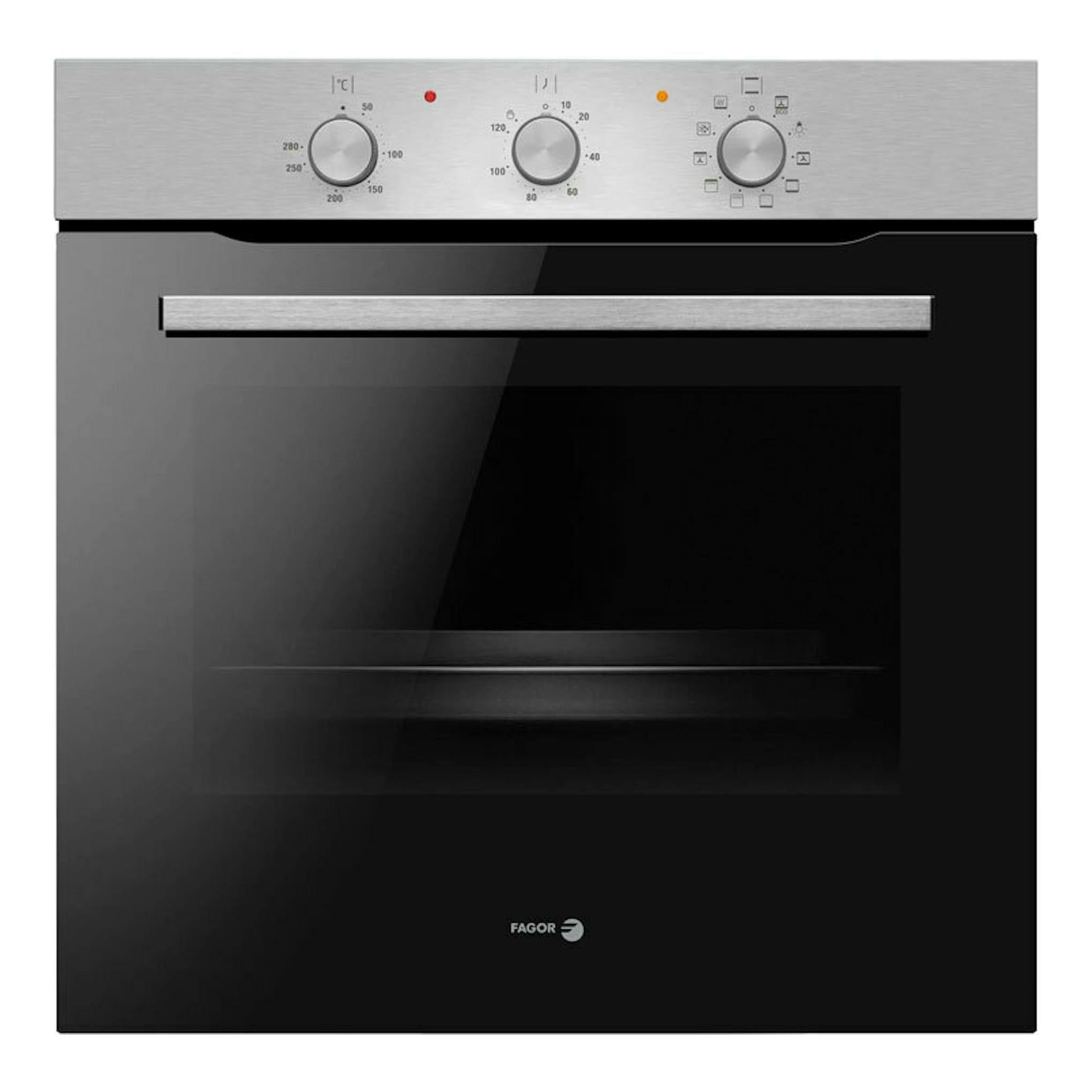 Horno Fagor 9H-115BX Inox, vista frontal, puerta negra con panel superior de acero inoxidable y tres mandos.