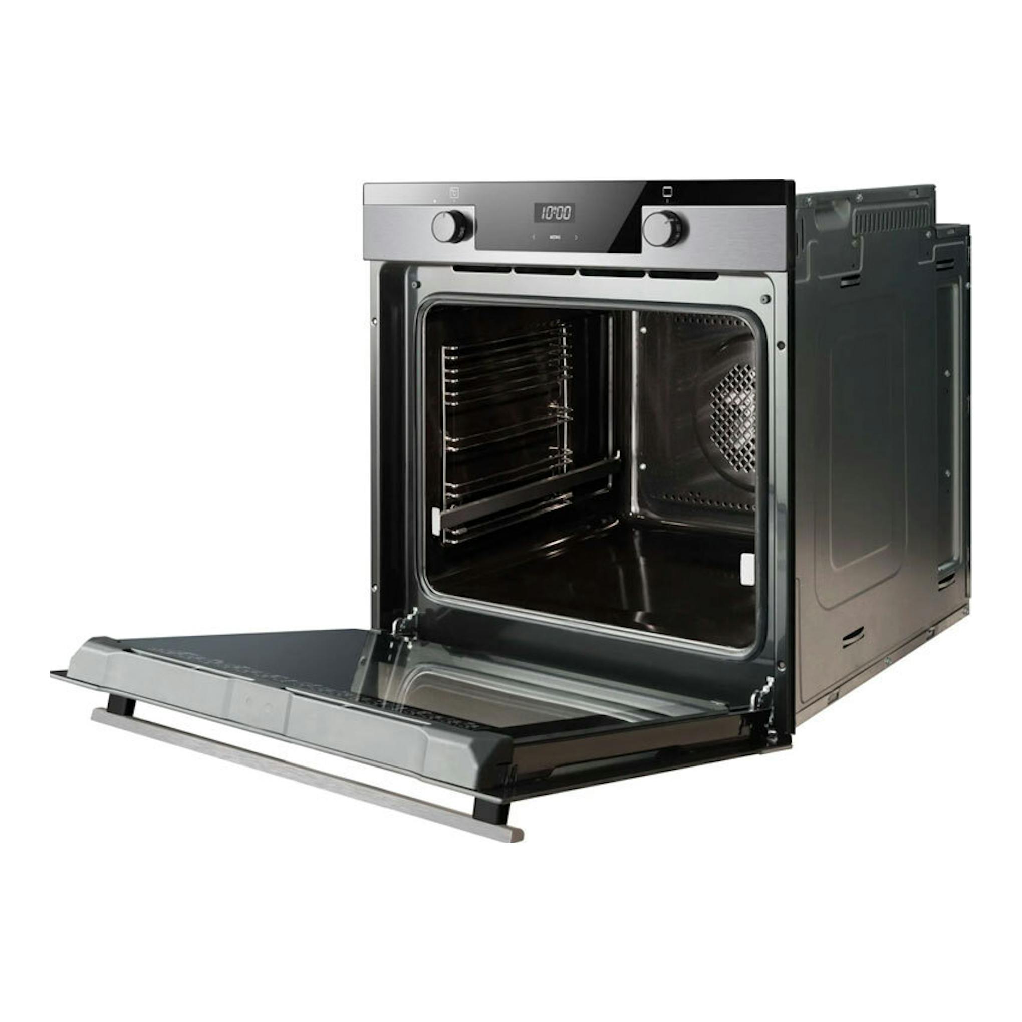 Horno Fagor 9H-175AX inox, vista frontal con la puerta abatida y el interior visible.