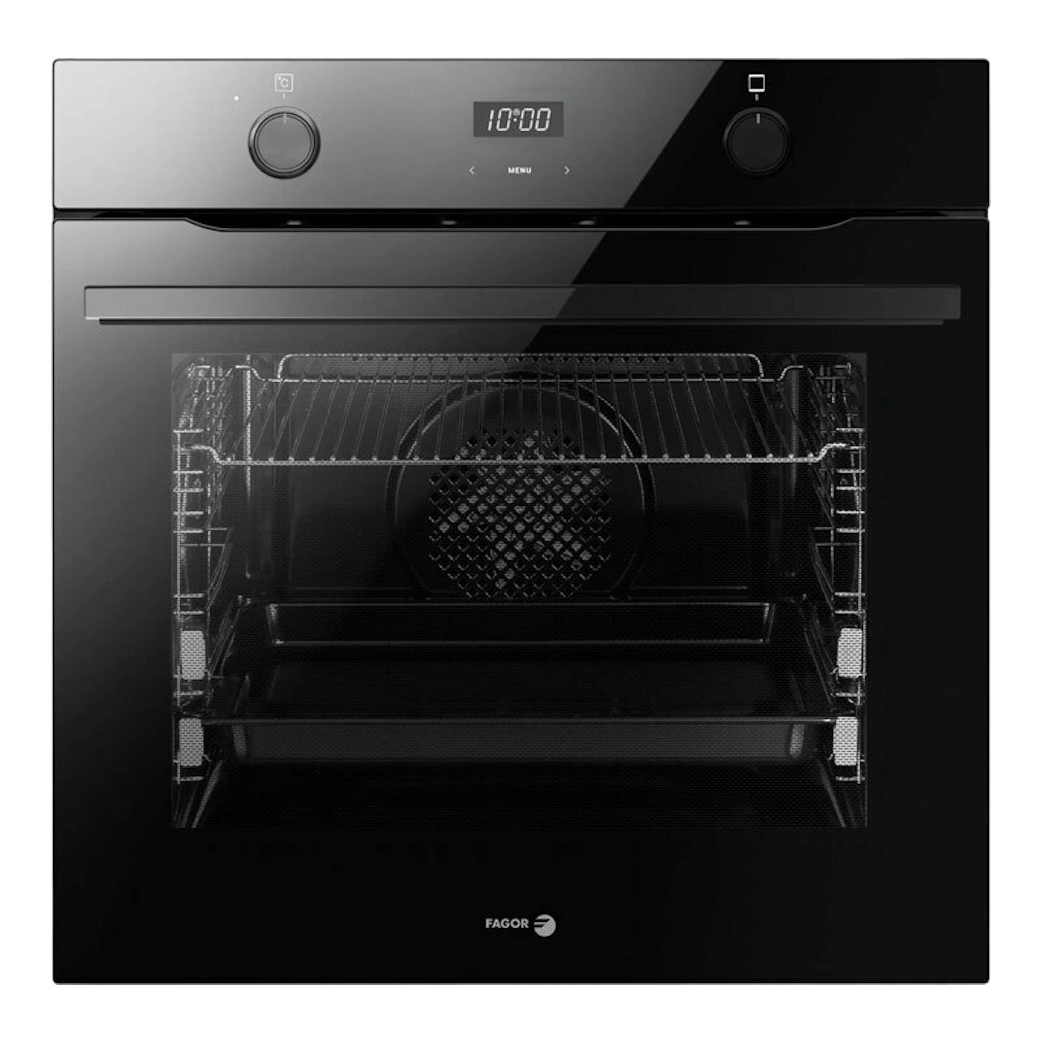 Horno Fagor 9H-185AN de cristal negro, vista frontal, con dos mandos y display digital.