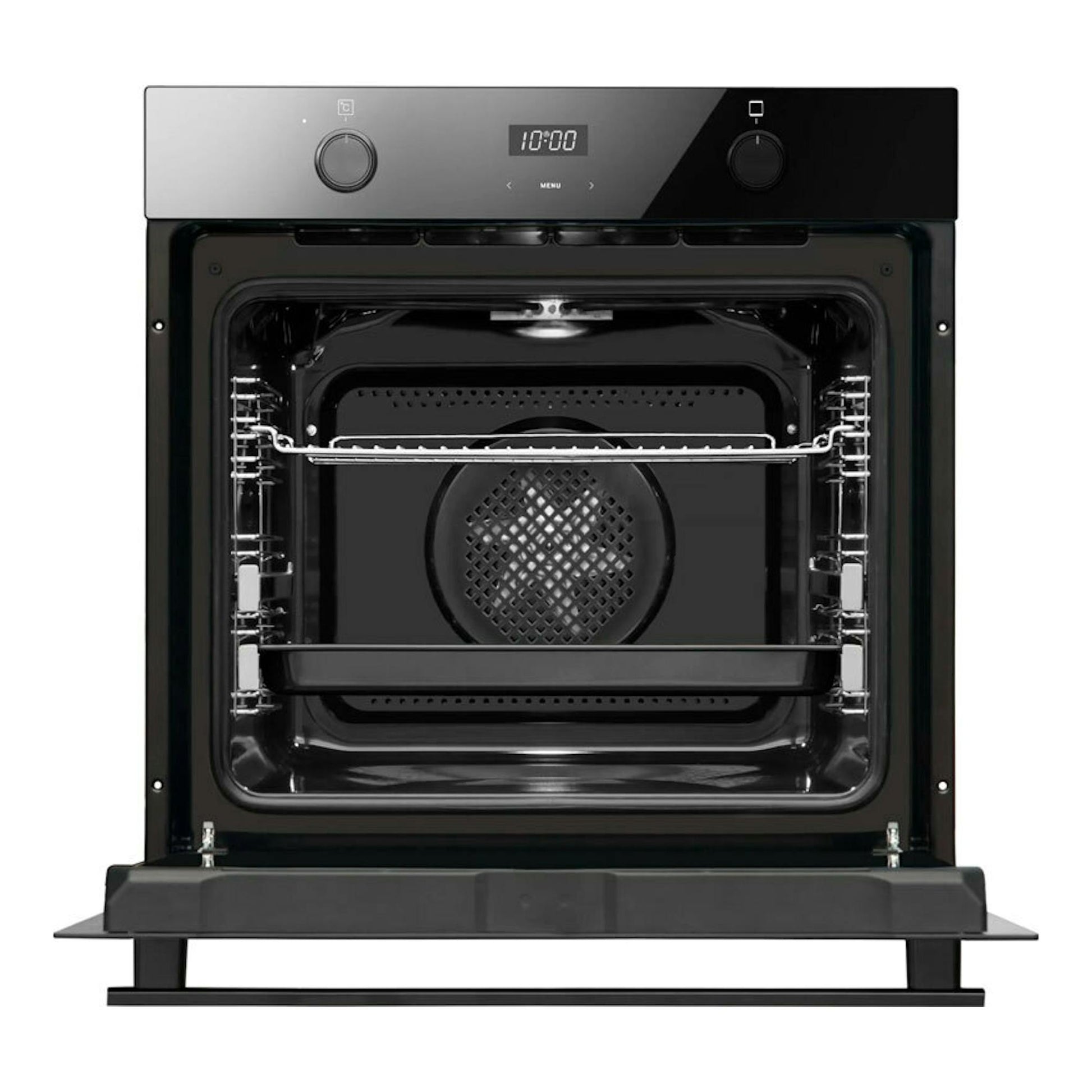 Horno Fagor 9H-185AN de cristal negro, frontal abierto con interior visible y panel digital.