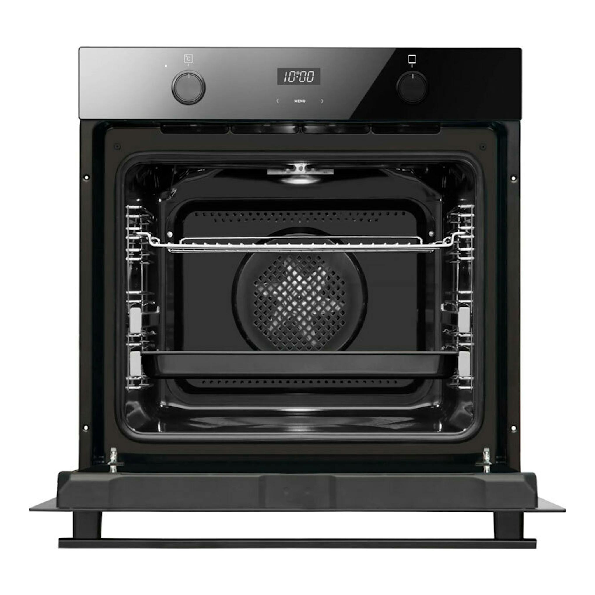 Horno Fagor 9H-185AN de cristal negro, frontal abierto con interior visible y panel digital.