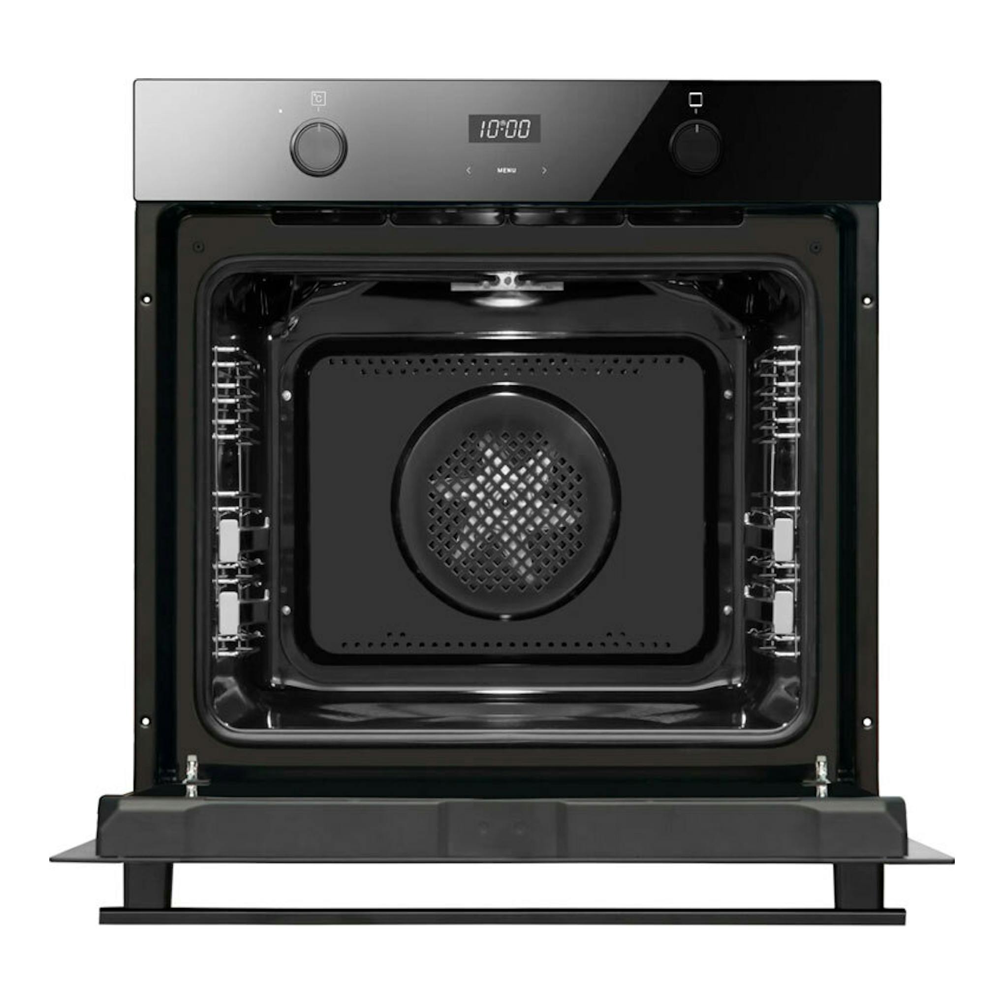 Horno Fagor 9H-185AN de cristal negro, vista frontal con puerta abatida y cavidad interior visible.