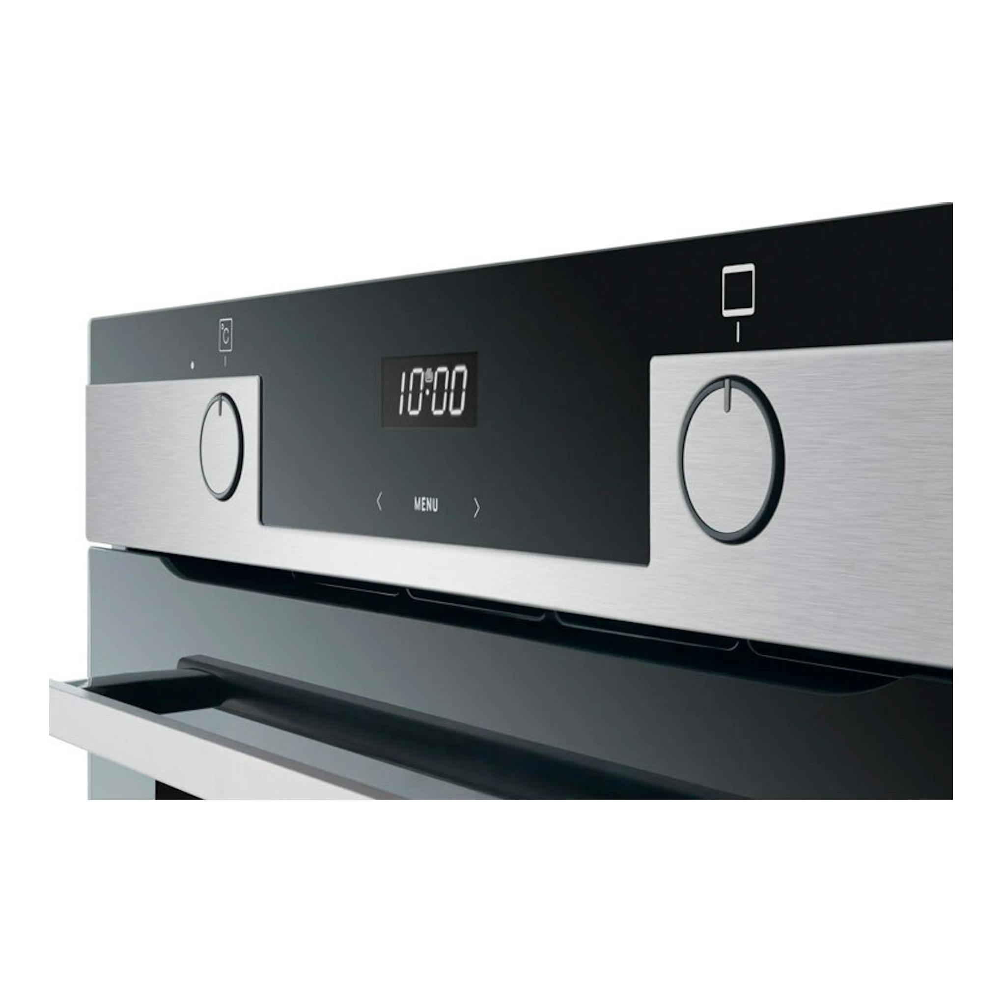 Horno Fagor 9H-185AX inox, vista frontal parcial, panel negro con display 10:00 y mandos plateados.