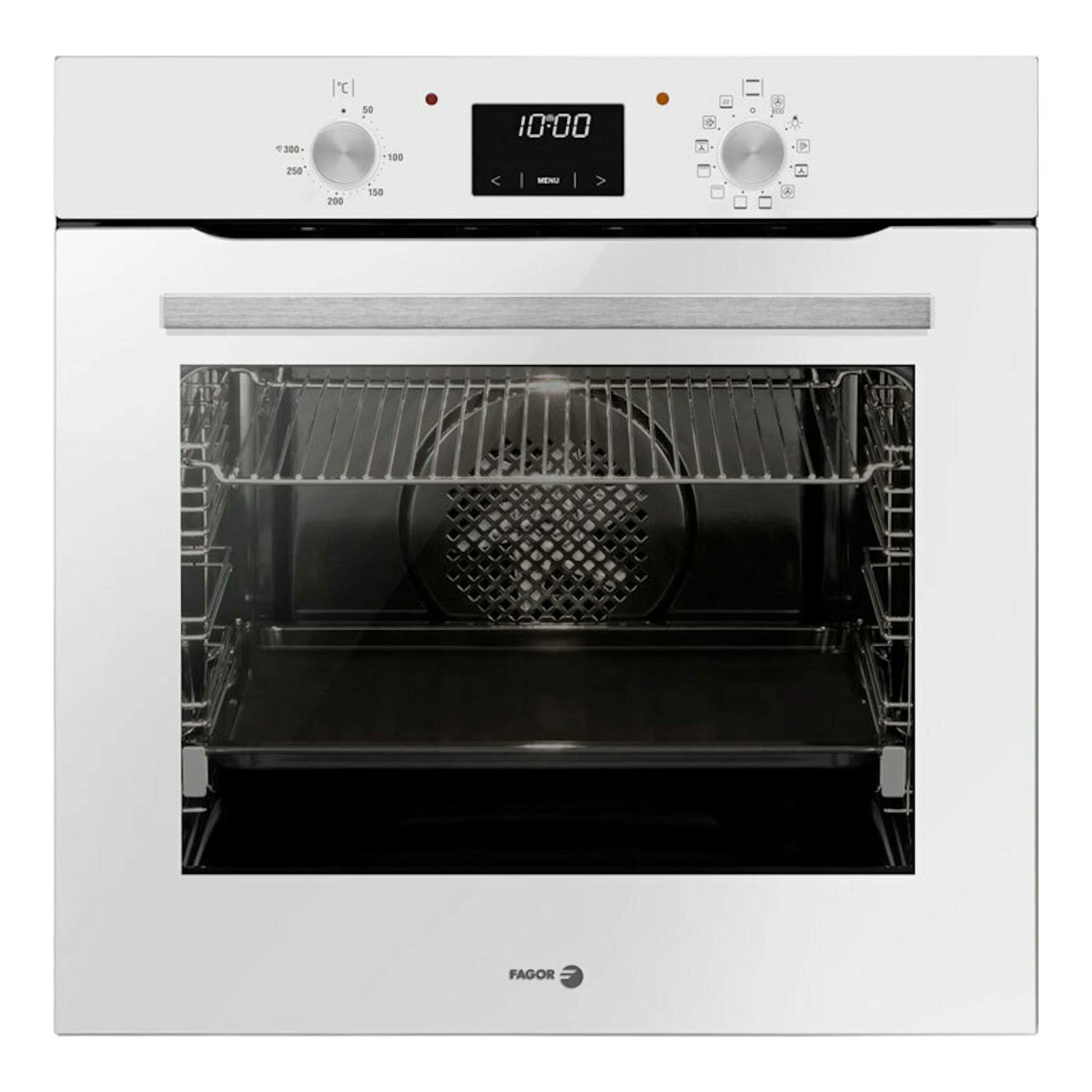 Horno Fagor 9H-185BB blanco, vista frontal, con panel digital central y puerta de cristal.