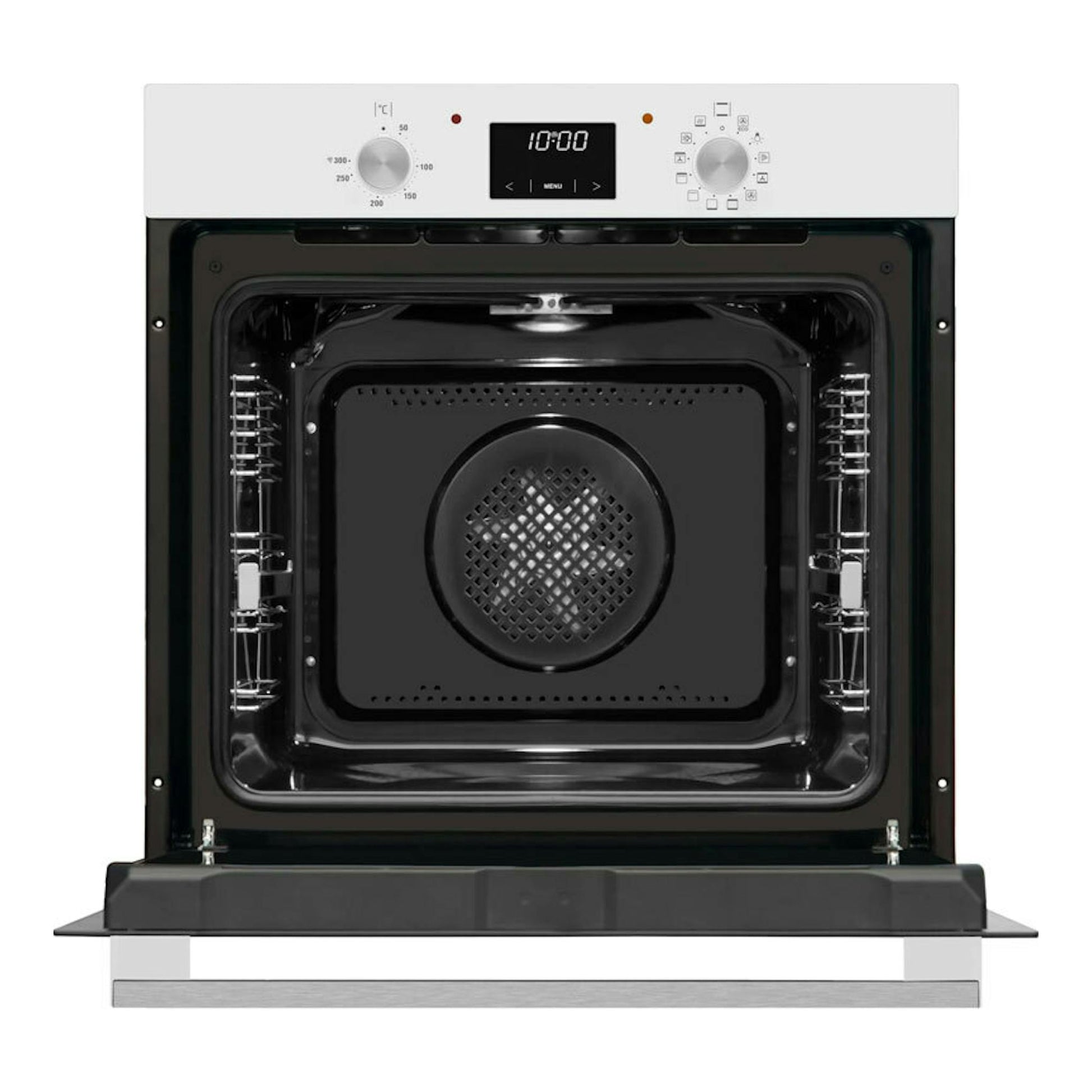 Horno Fagor 9H-185BB de frente, puerta abatida, panel blanco, interior negro con ventilador central.