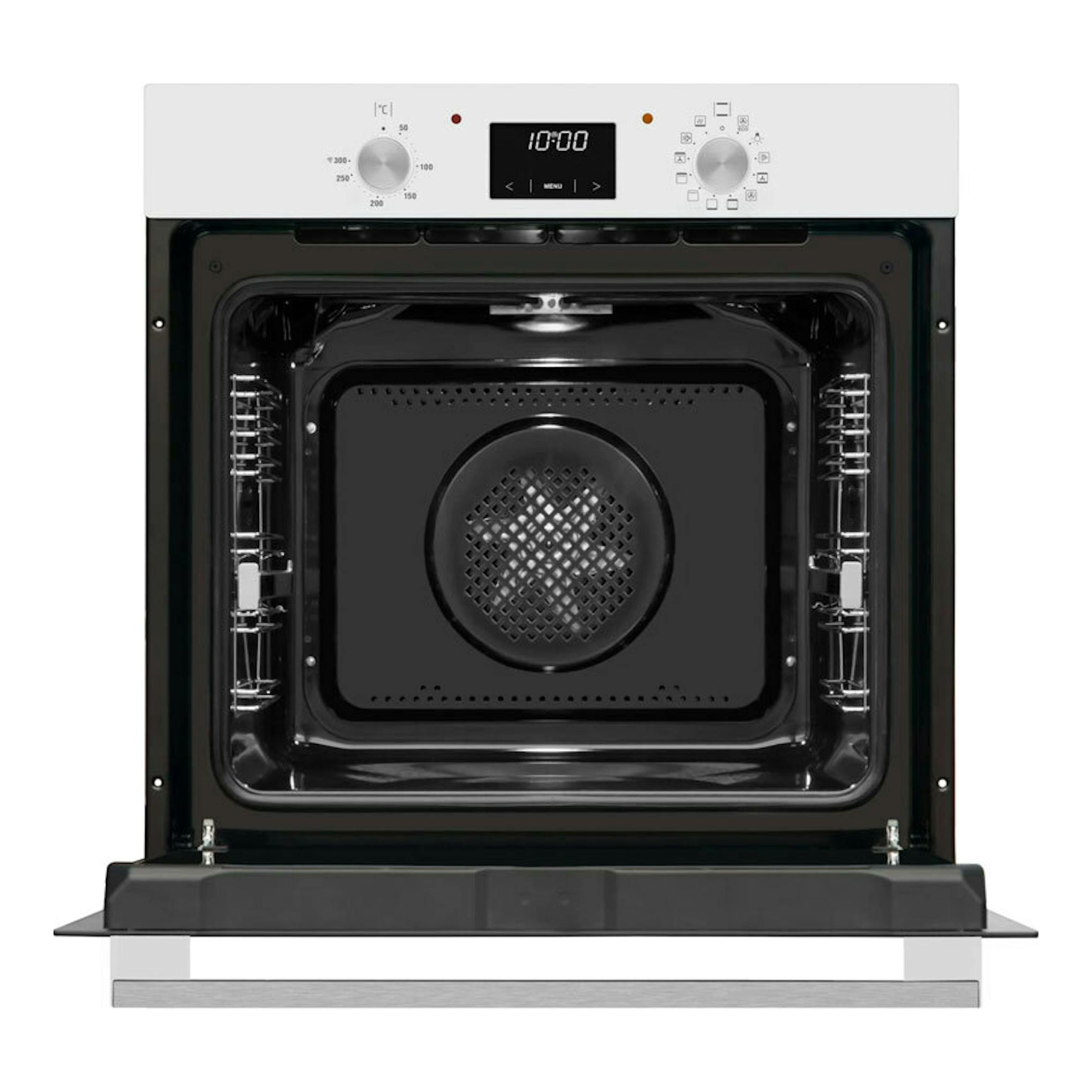 Horno Fagor 9H-185BB de frente, puerta abatida, panel blanco, interior negro con ventilador central.