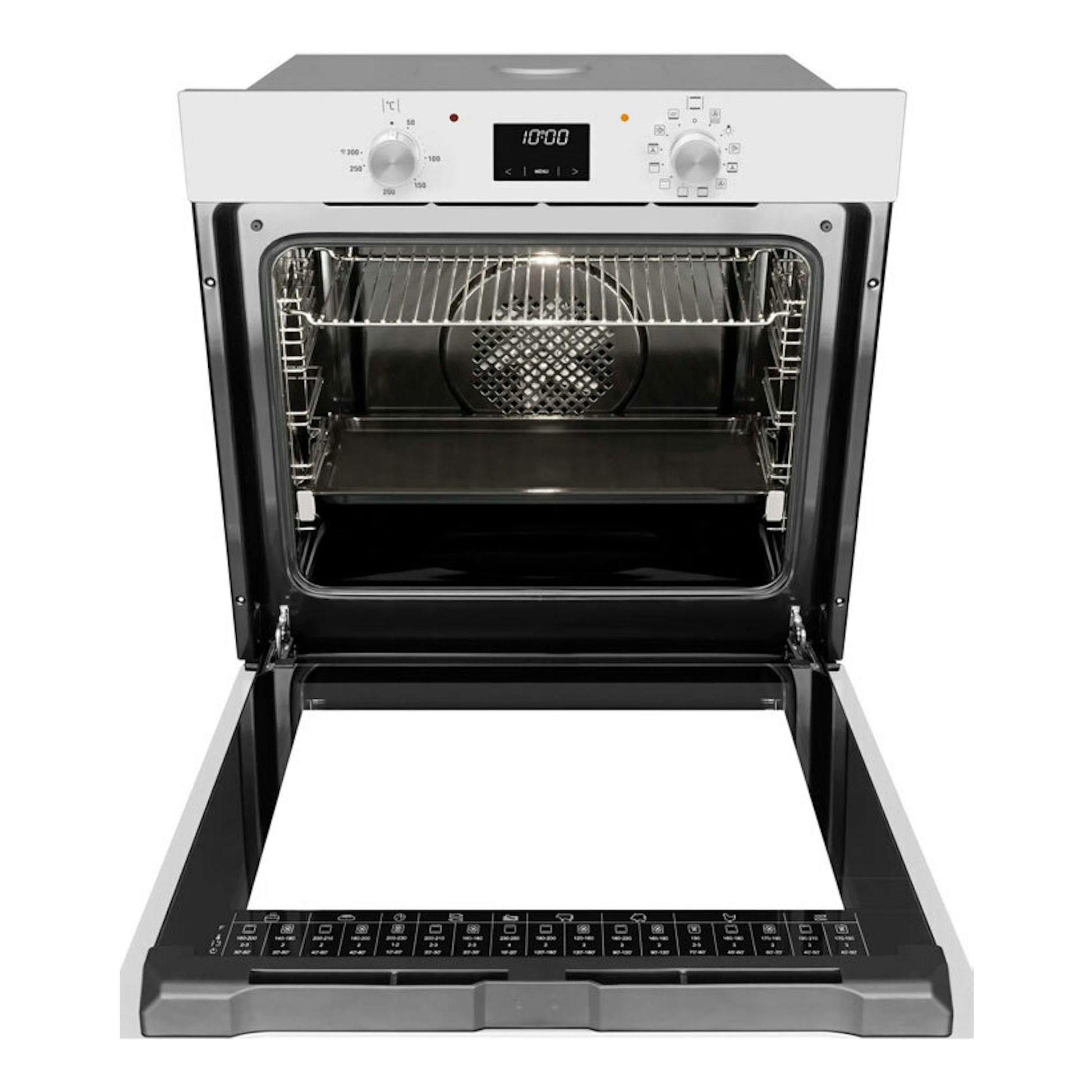 Horno Fagor 9H-185BB blanco, vista frontal con puerta abierta e interior negro.