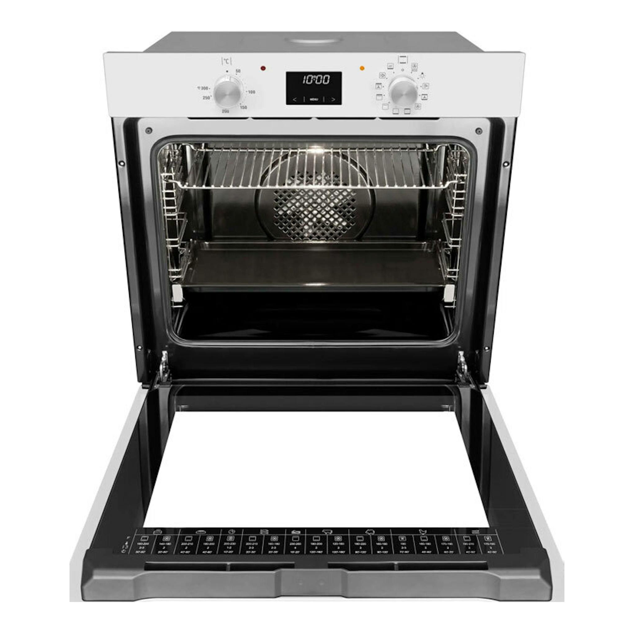 Horno Fagor 9H-185BB blanco, vista frontal con puerta abierta e interior negro.