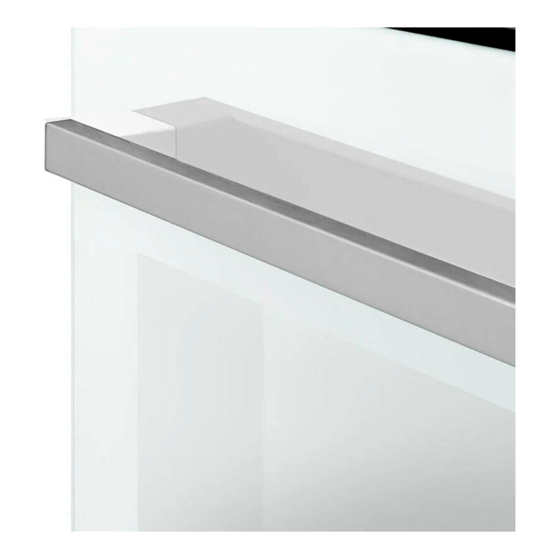 Horno Fagor 9H-185BB blanco, vista parcial en primer plano de la puerta de cristal y asa plateada.