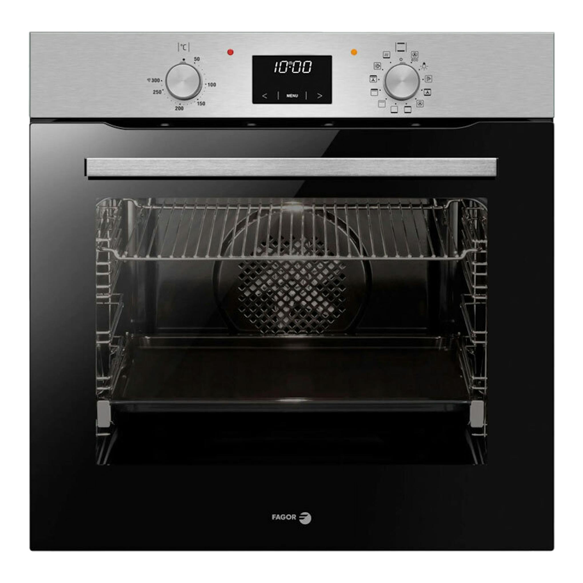 Horno Fagor 9H-185BX inox, vista frontal, puerta de cristal negra y panel superior inoxidable con mandos.