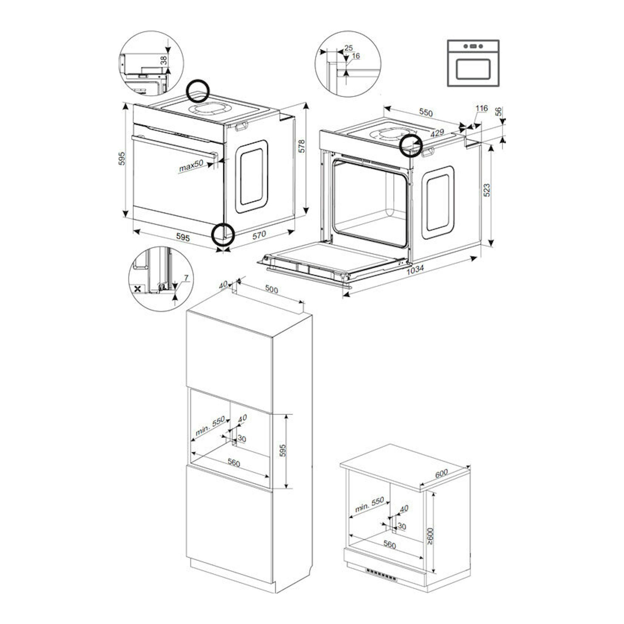 Diagrama técnico del horno Fagor 9H-185BX inox, con vistas frontal, lateral y medidas de instalación.