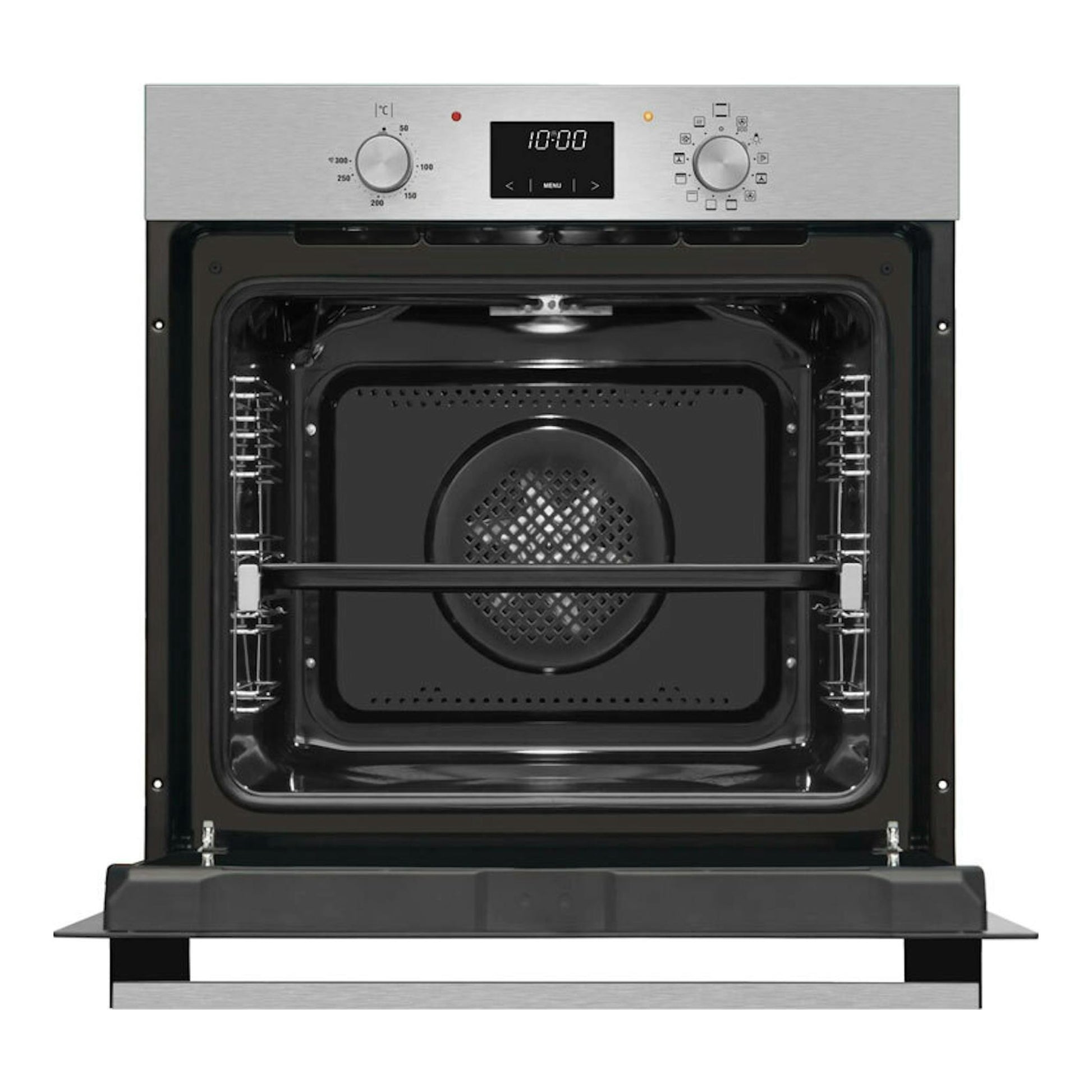 Horno empotrable Fagor 9H-185BX inox, vista frontal con puerta abatida abierta e interior negro visible.