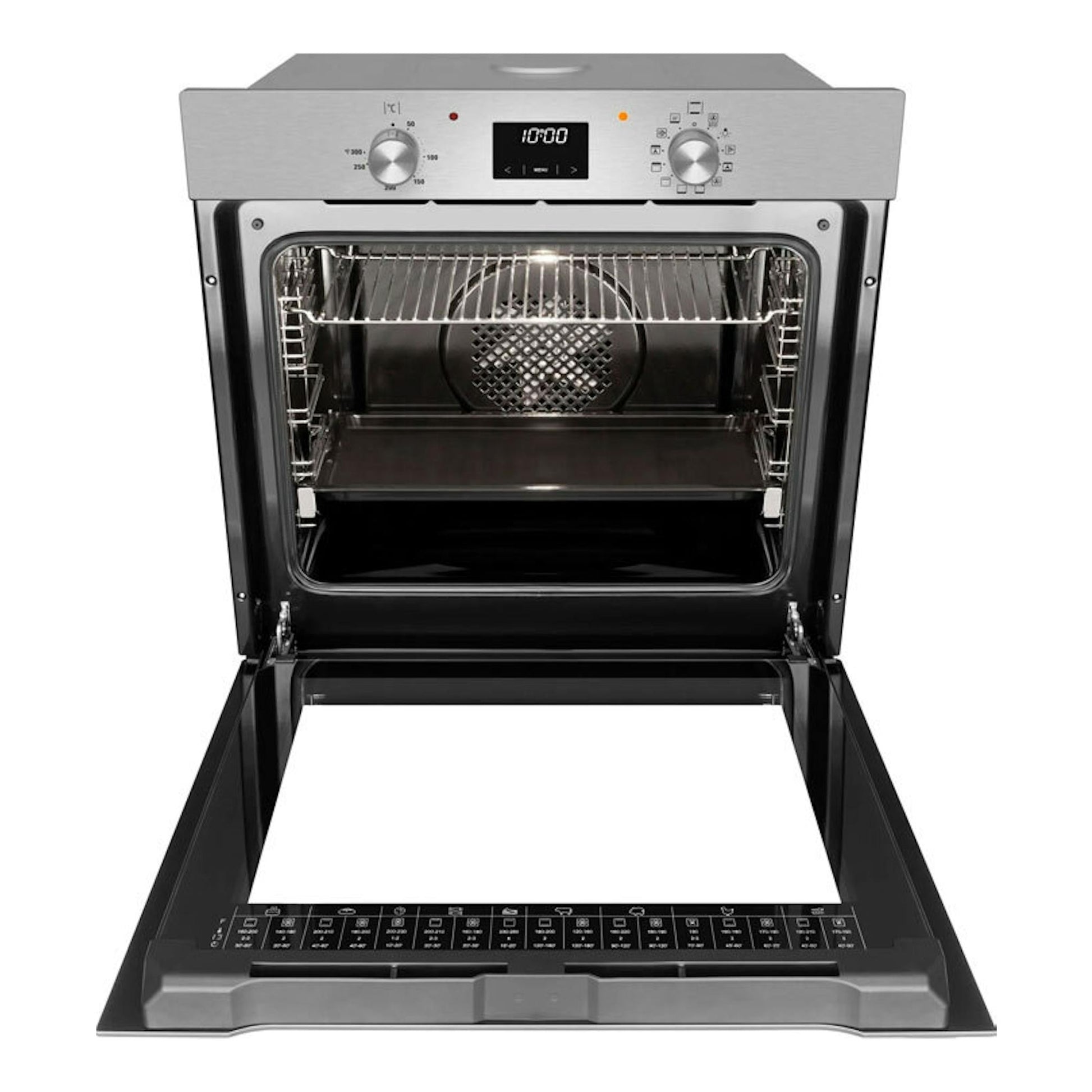 Horno Fagor 9H-185BX inox, vista frontal con puerta abatida y interior visible.
