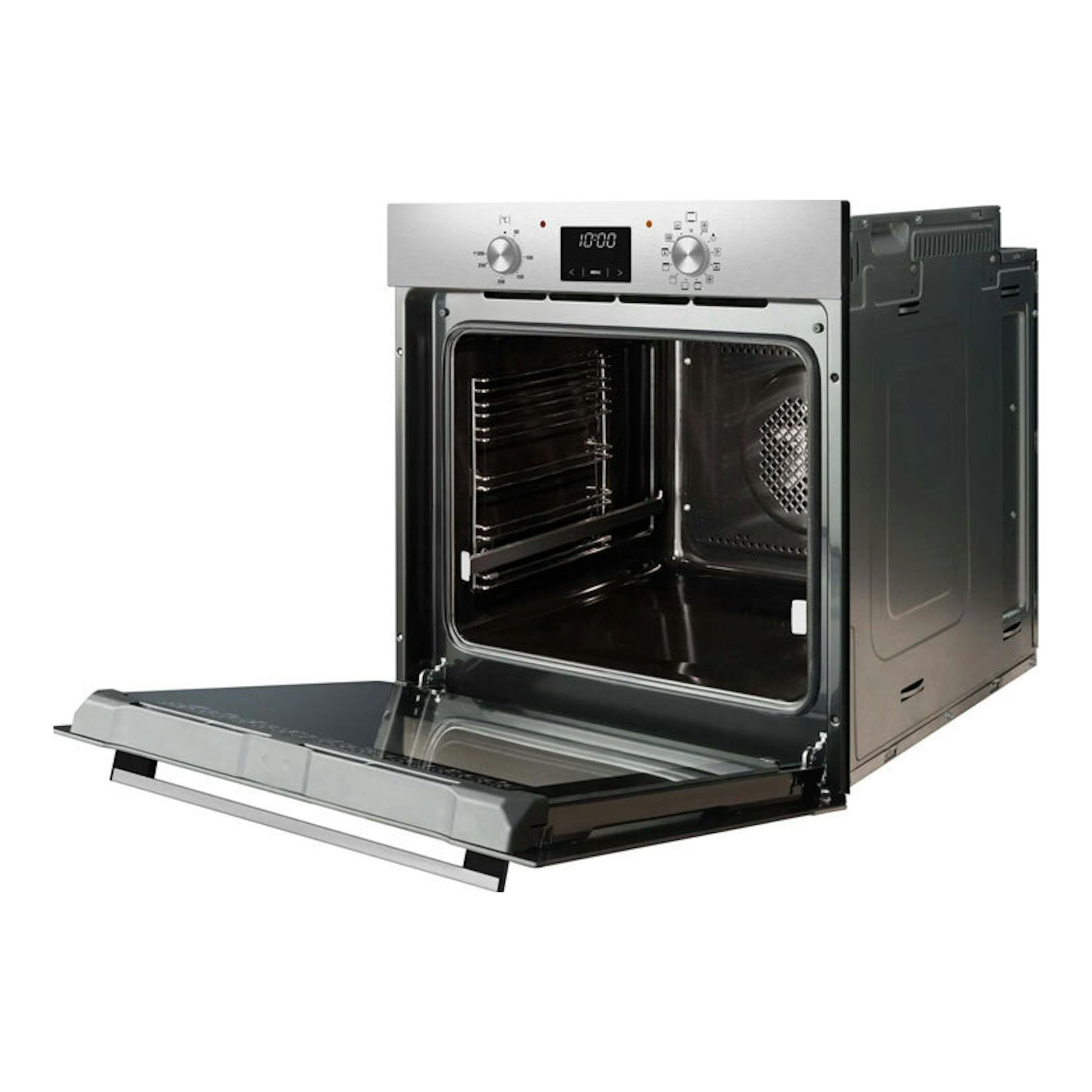Horno Fagor 9H-185BX inox, vista frontal en ángulo, puerta abatible abierta.