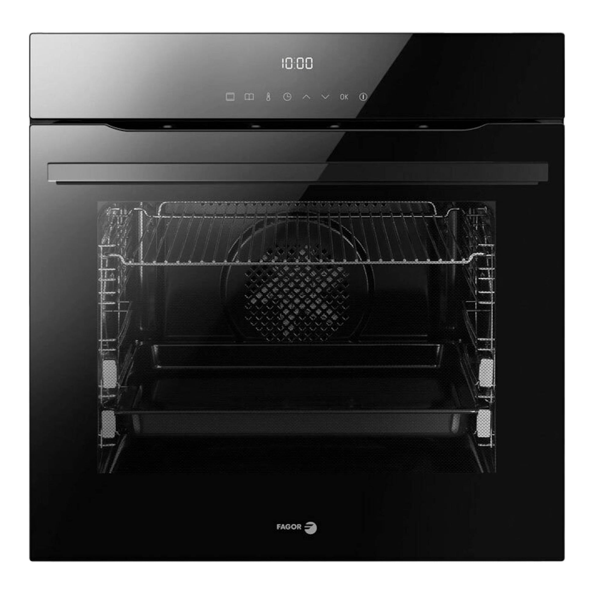 Horno Fagor 9H-195TCN de cristal negro, vista frontal, con puerta de vidrio y panel digital.