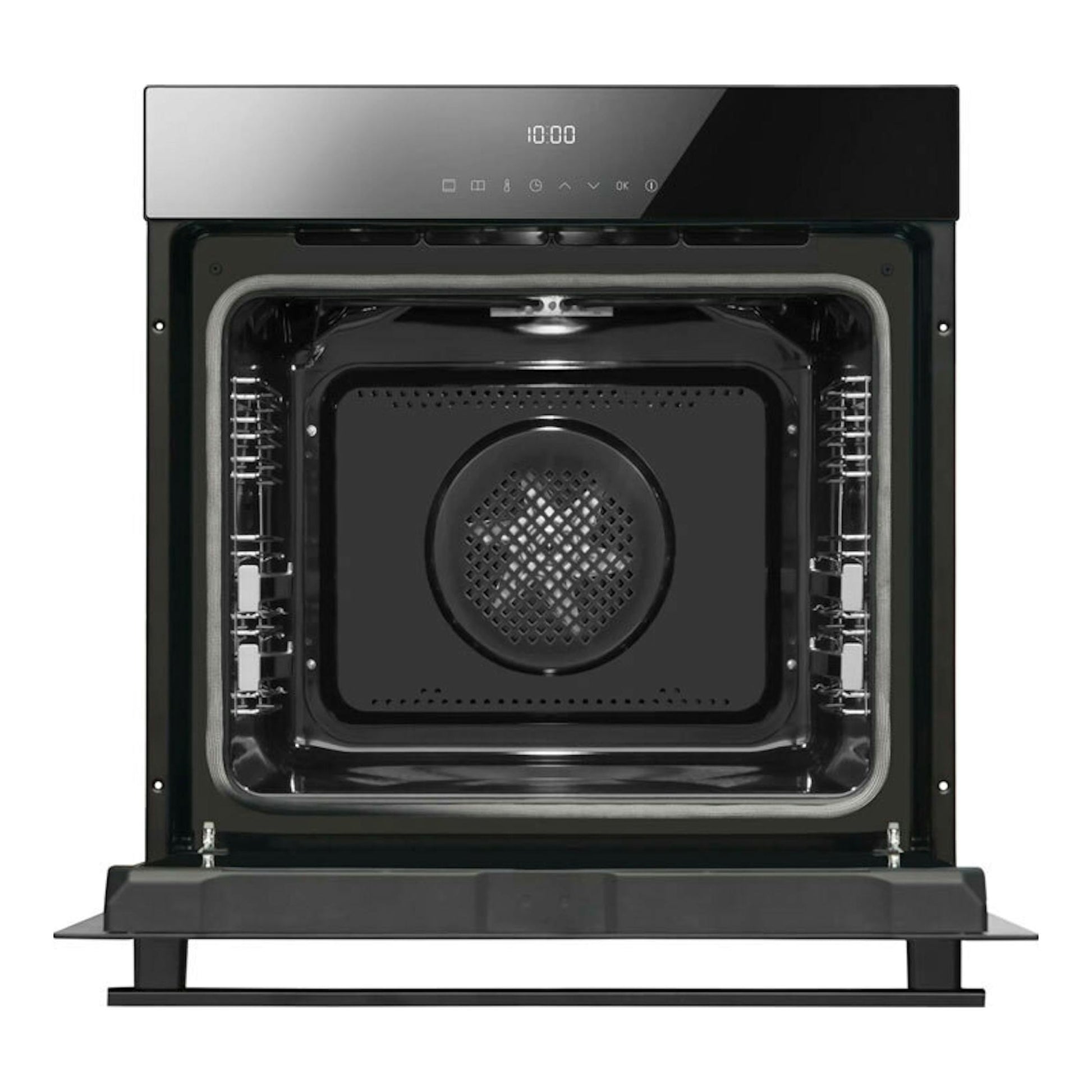 Horno Fagor 9H-195TCN de cristal negro, vista frontal con puerta abierta y panel digital.