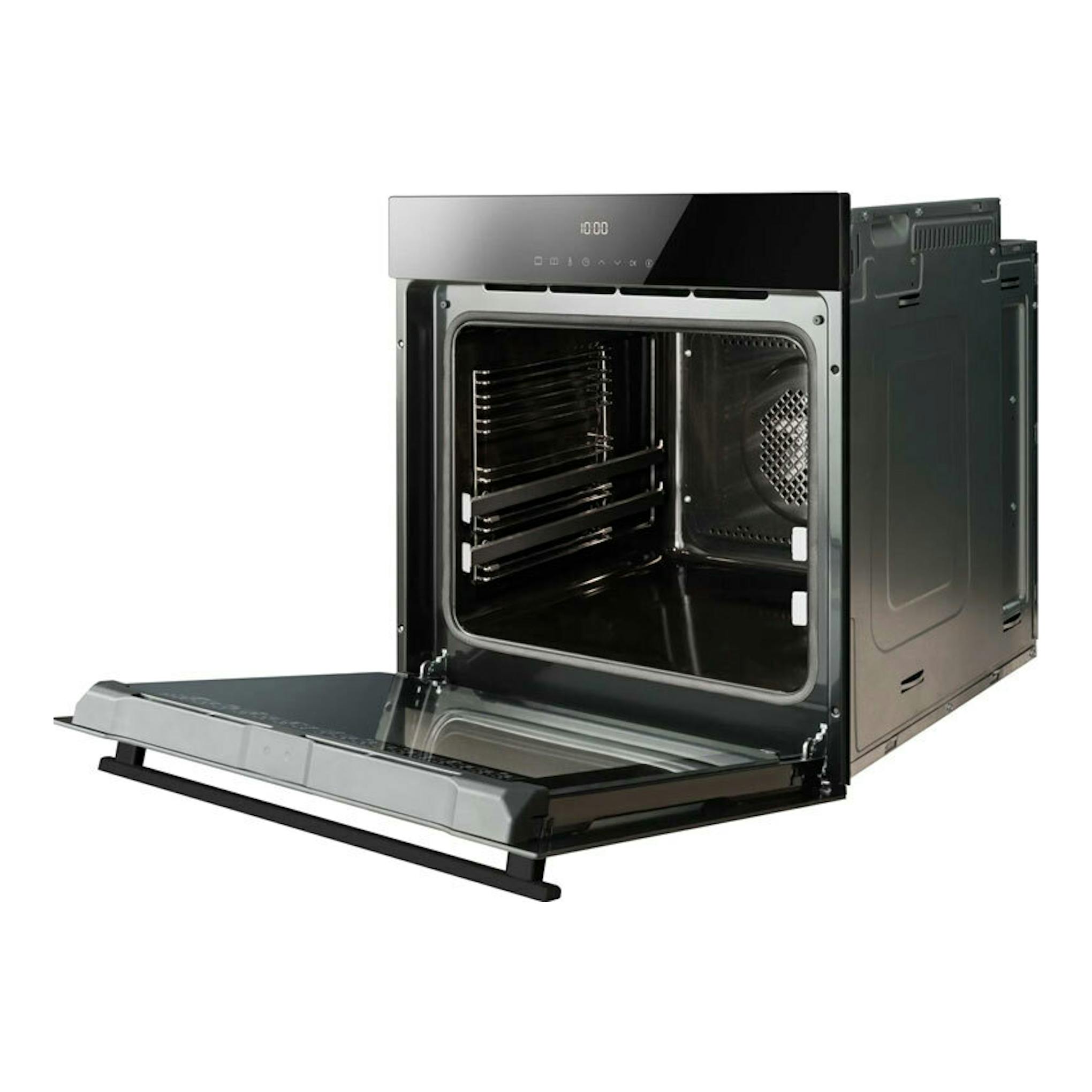 Horno Fagor 9H-195TCN de cristal negro, visto de frente con la puerta abatida y el interior abierto.