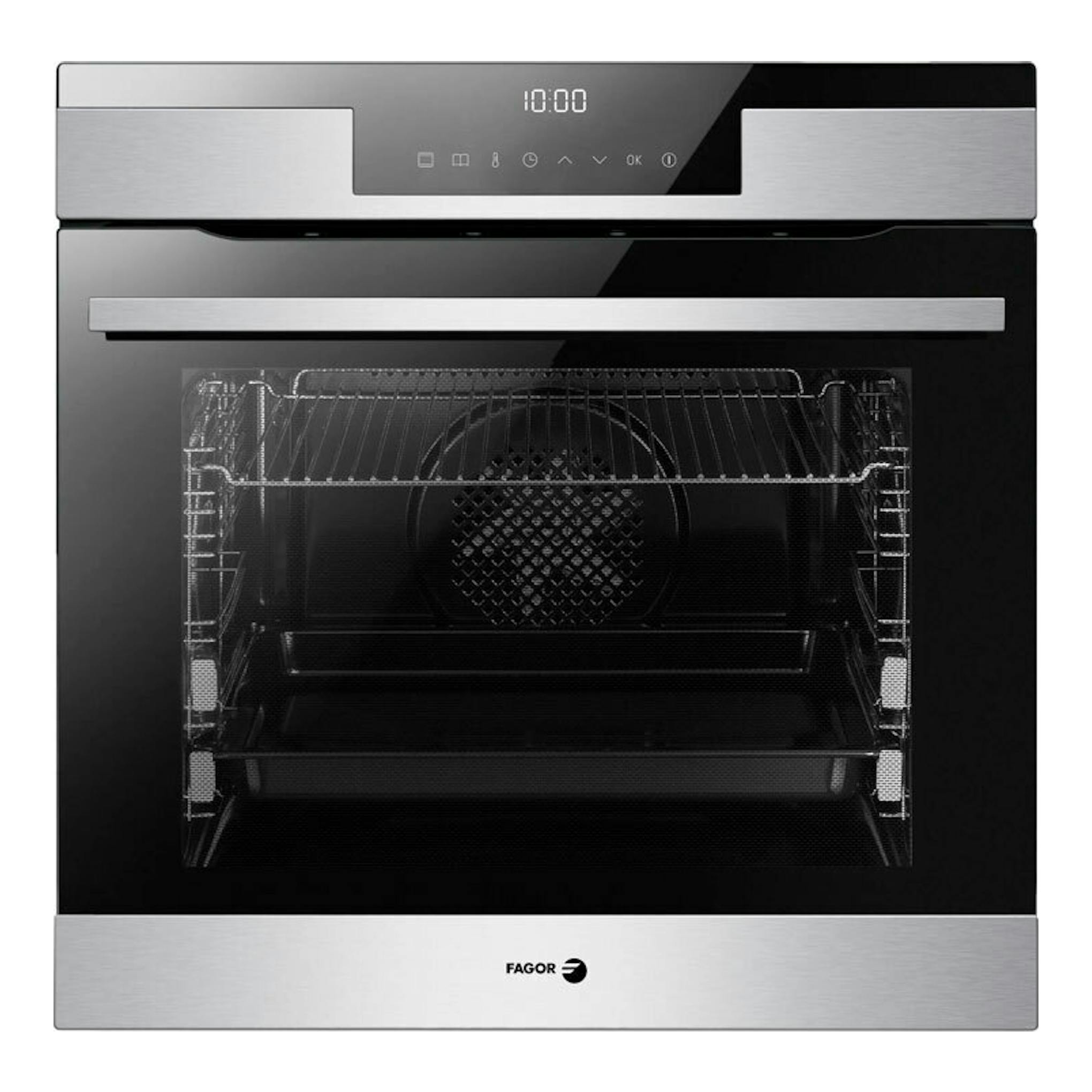 Horno Fagor 9H-195TCX inox, vista frontal, acabado negro con panel y tiras de acero inoxidable y display digital.