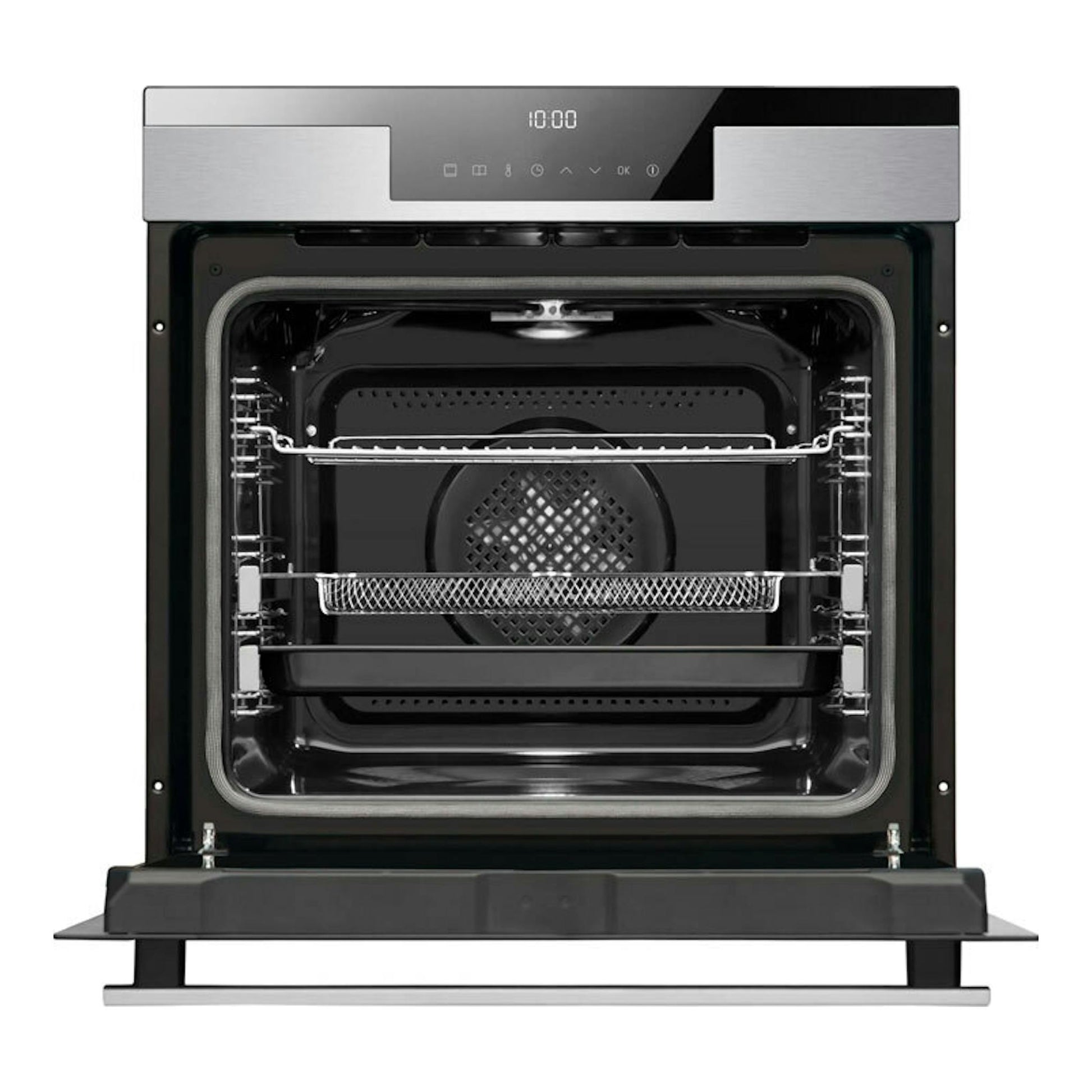 Horno Fagor 9H-195TCX inox, vista frontal con puerta abierta, interior negro y panel digital.