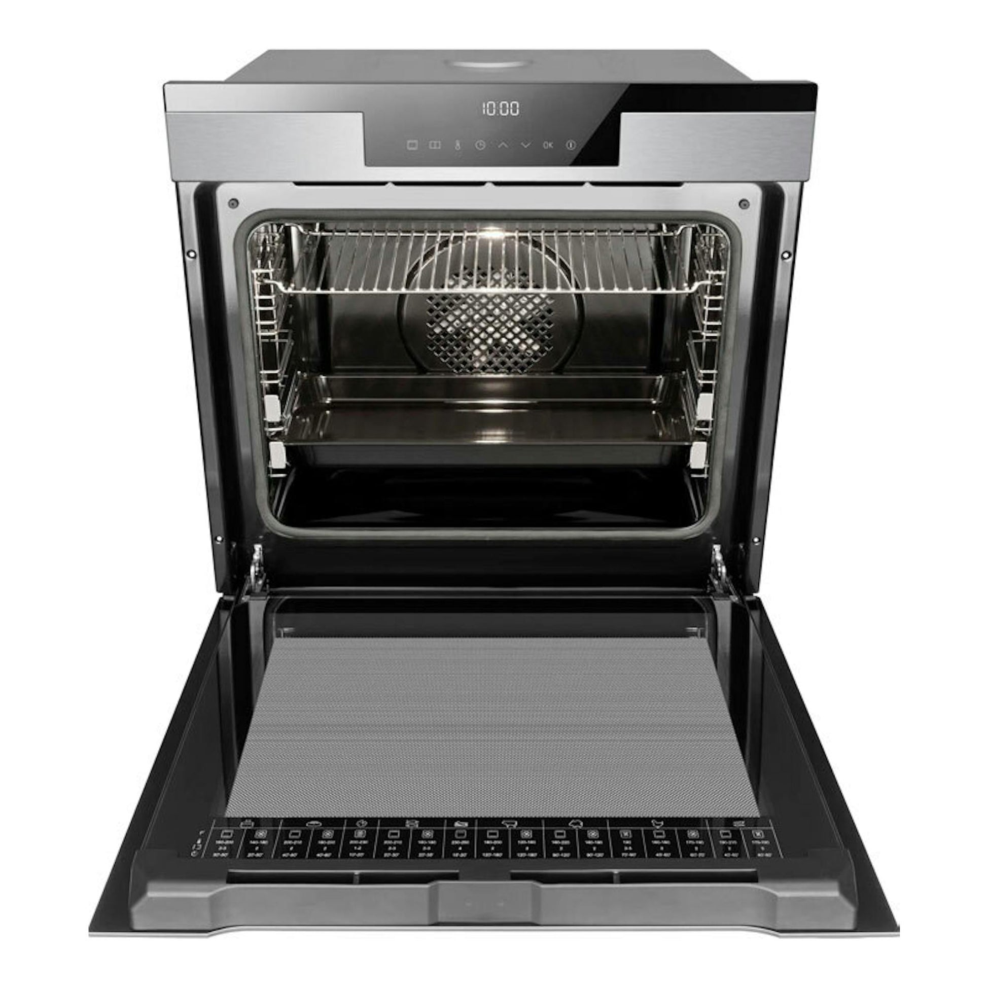Horno Fagor 9H-195TCX inox, vista frontal con puerta abatible abierta, interior negro y panel digital.