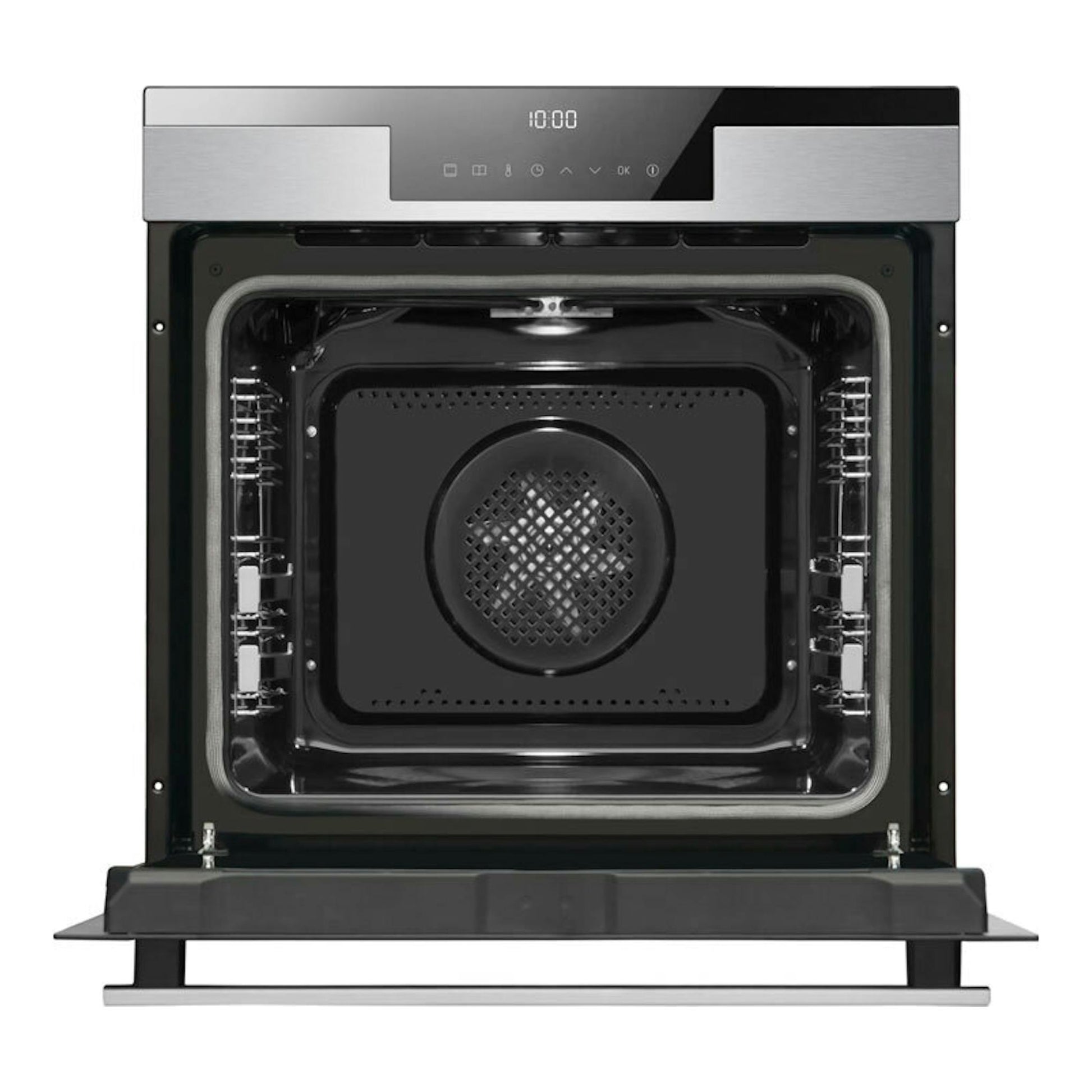 Horno Fagor 9H-195TCX inox, vista frontal con puerta abierta y interior negro.