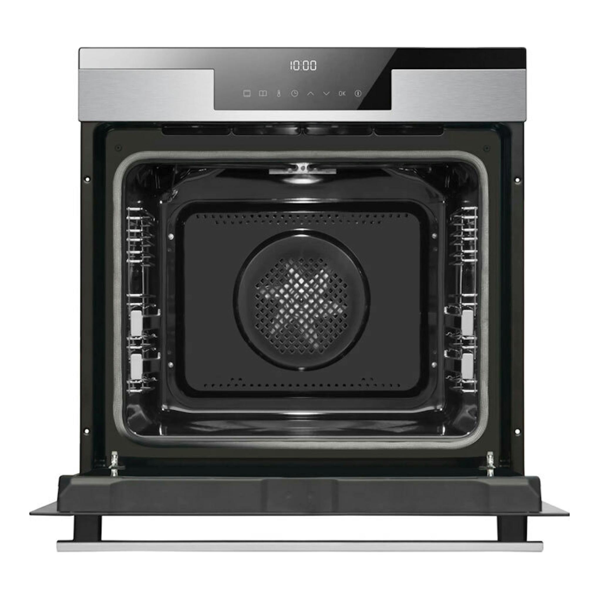 Horno Fagor 9H-195TCX inox, vista frontal con puerta abierta y interior negro.